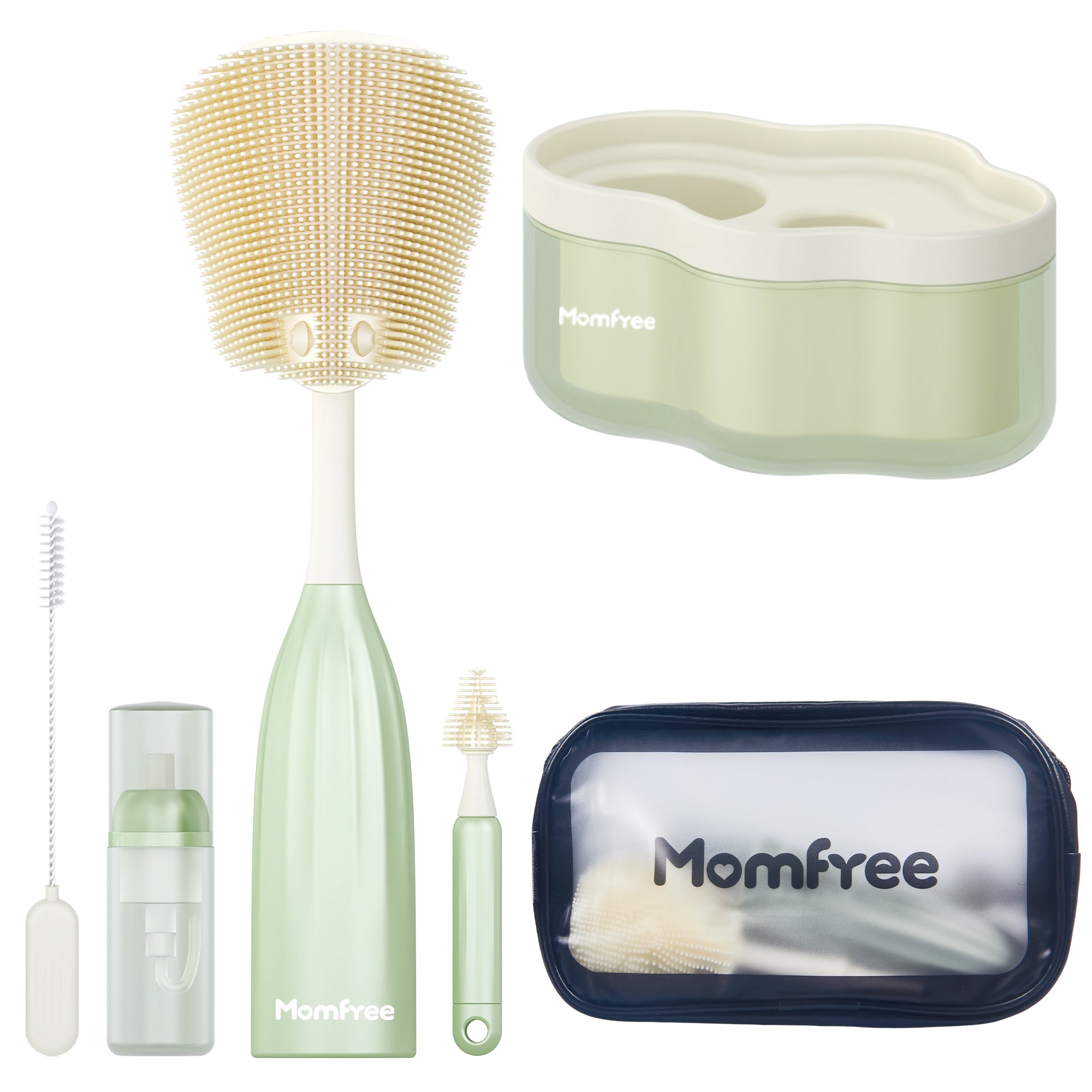 Baby Bottle Brush Set, Push-Press Design Silicone Bottle Brush Can Generate Foam - Travel Cleaner Brush for Baby Bottles, Breast Pumps, Nipples, and More(with Storage Bag)