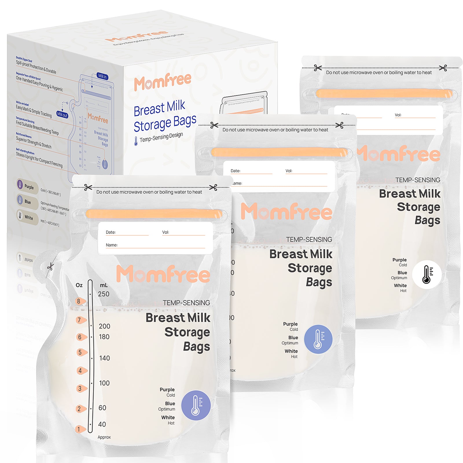 Breast Milk Storage Bags with Pour Spout 8 Ounce, Temp-Sensing Color Change, Fast Freeze