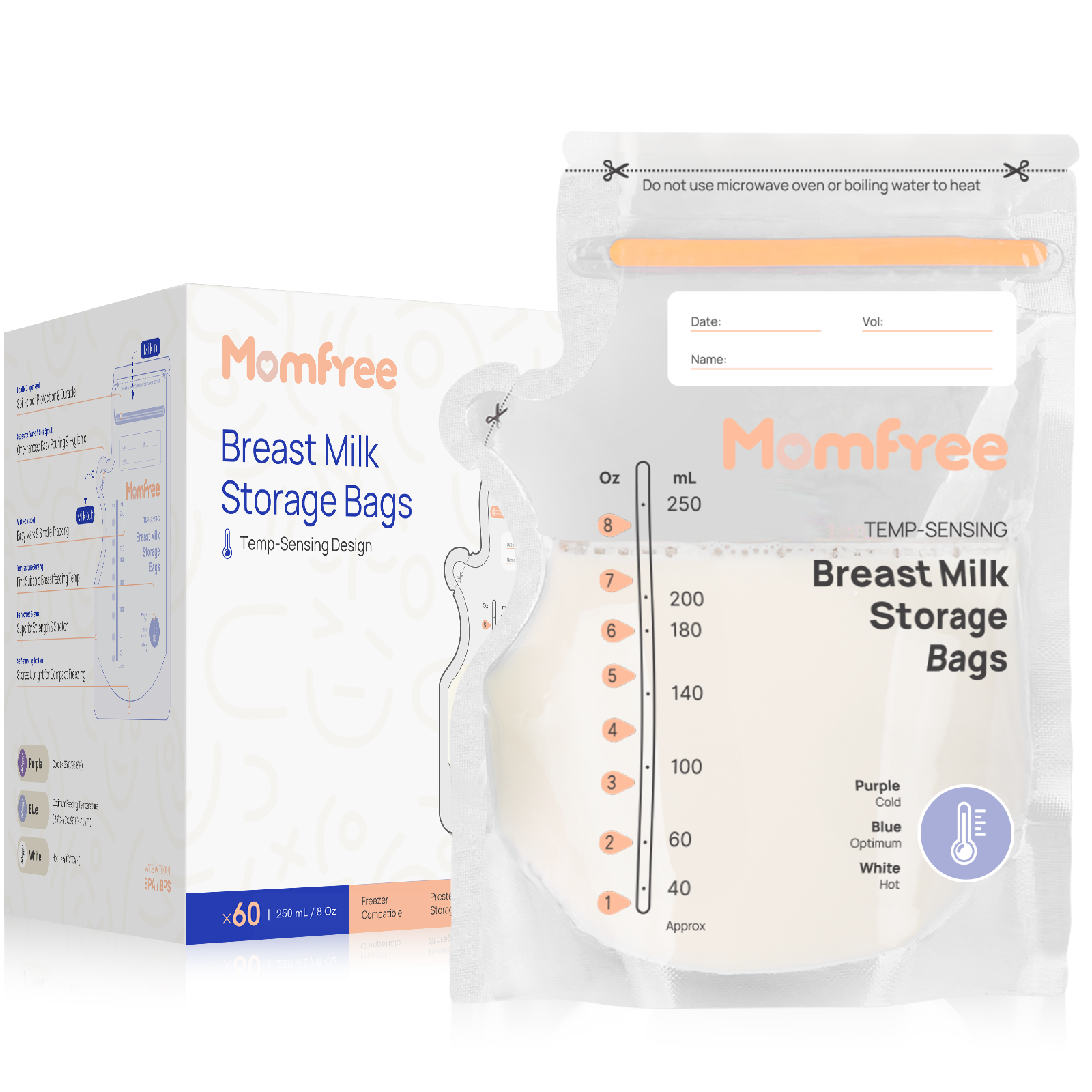 Breast Milk Storage Bags with Pour Spout 8 Ounce, Temp-Sensing Color Change, Fast Freeze