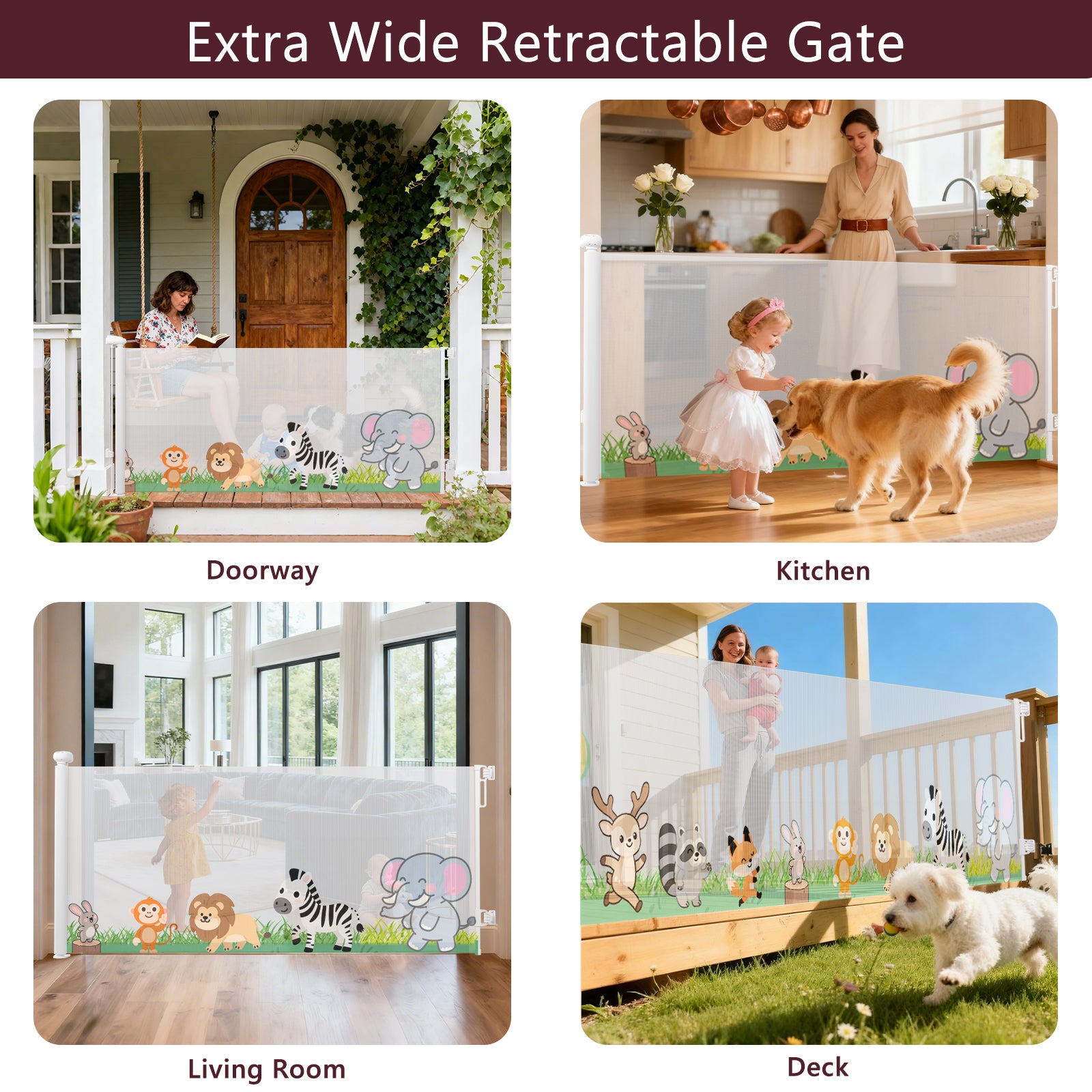Retractable Baby Gate for Doorways & Stairs, 33" Tall 120" Extra Wide Mesh Safety Fence for Pet, One-Hand Operation Secure Closure Essential Fit for Deck Porch Hallways Patio, Indoor & Outdoor
