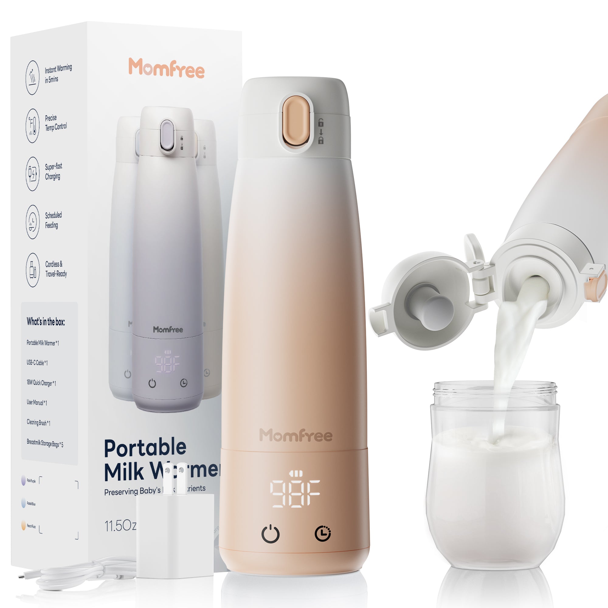 Baby Milk Warmer for Breast Formula: Cordless Portable Heating Bottle with Smart Touch LED Temperature