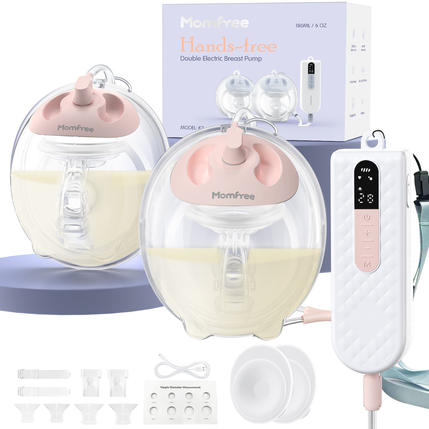 K3 Breast Pump Hands-Free, Wearable Breastfeeding Pump with Soft Double-Seal Flange, 1800mAh Long Battery Life & LED Display, 3 Modes & 9 Levels Electric Breast Pumps Portable - 24mm