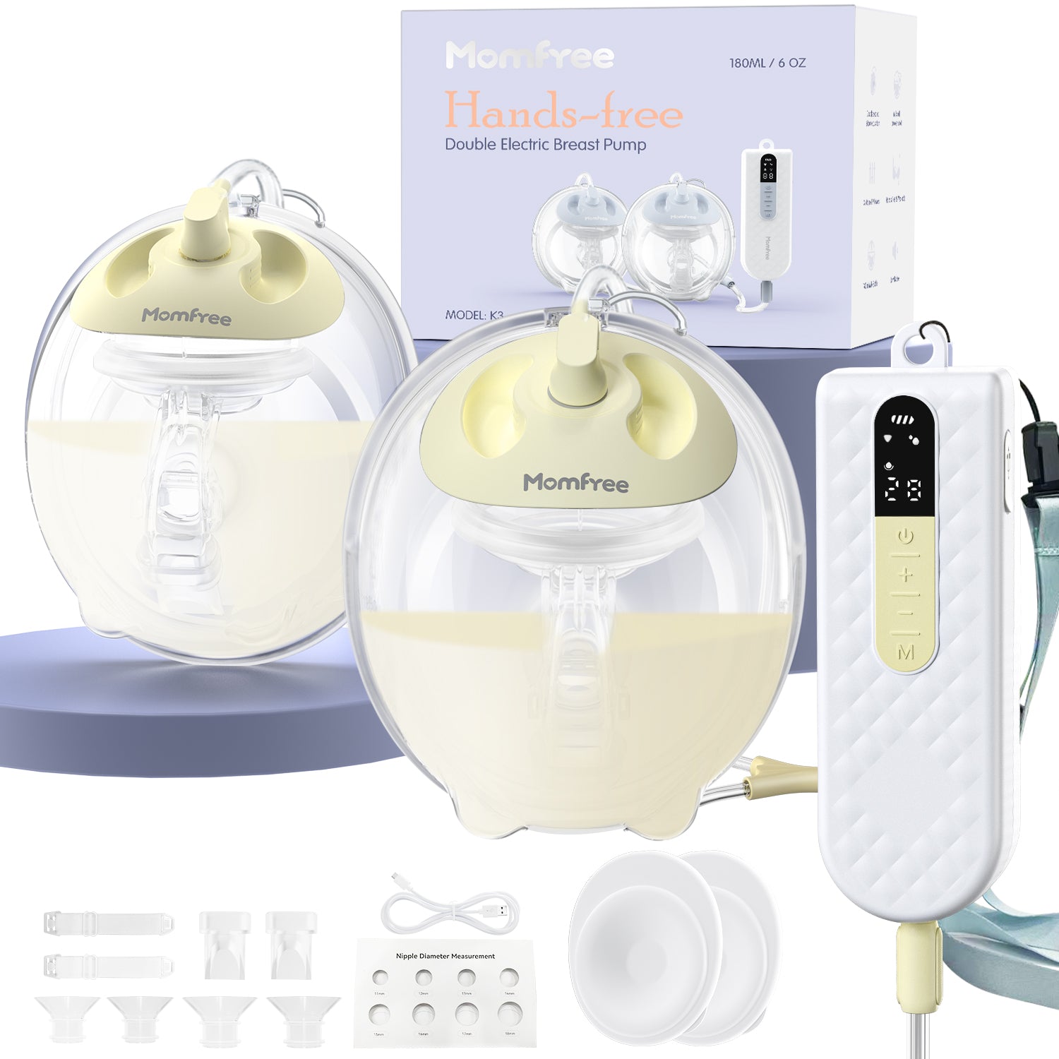 K3 Breast Pump Hands-Free, Wearable Breastfeeding Pump with Soft Double-Seal Flange, 1800mAh Long Battery Life & LED Display, 3 Modes & 9 Levels Electric Breast Pumps Portable - 24mm