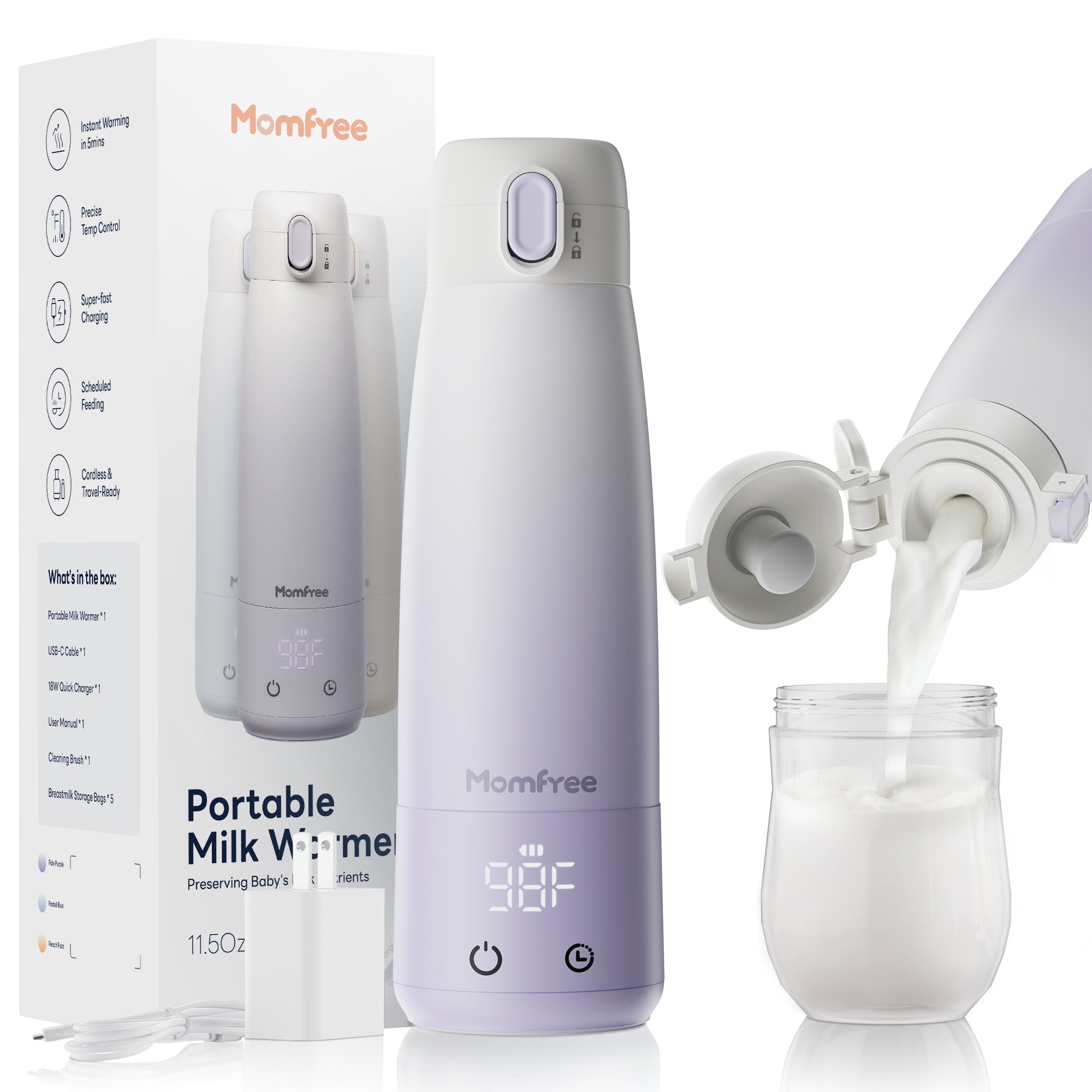 Baby Milk Warmer for Breast Formula: Cordless Portable Heating Bottle with Smart Touch LED Temperature