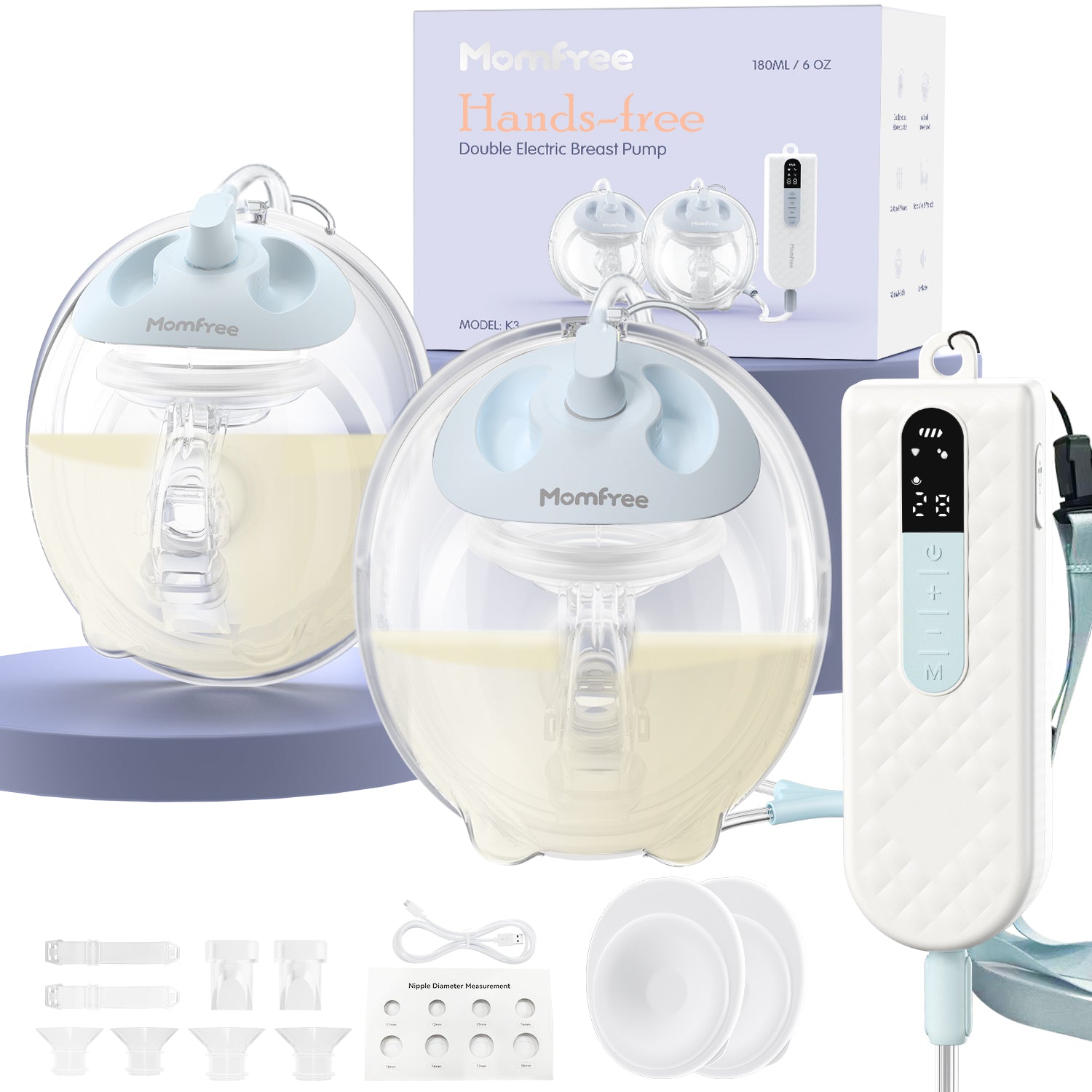K3 Breast Pump Hands-Free, Wearable Breastfeeding Pump with Soft Double-Seal Flange, 1800mAh Long Battery Life & LED Display, 3 Modes & 9 Levels Electric Breast Pumps Portable - 24mm