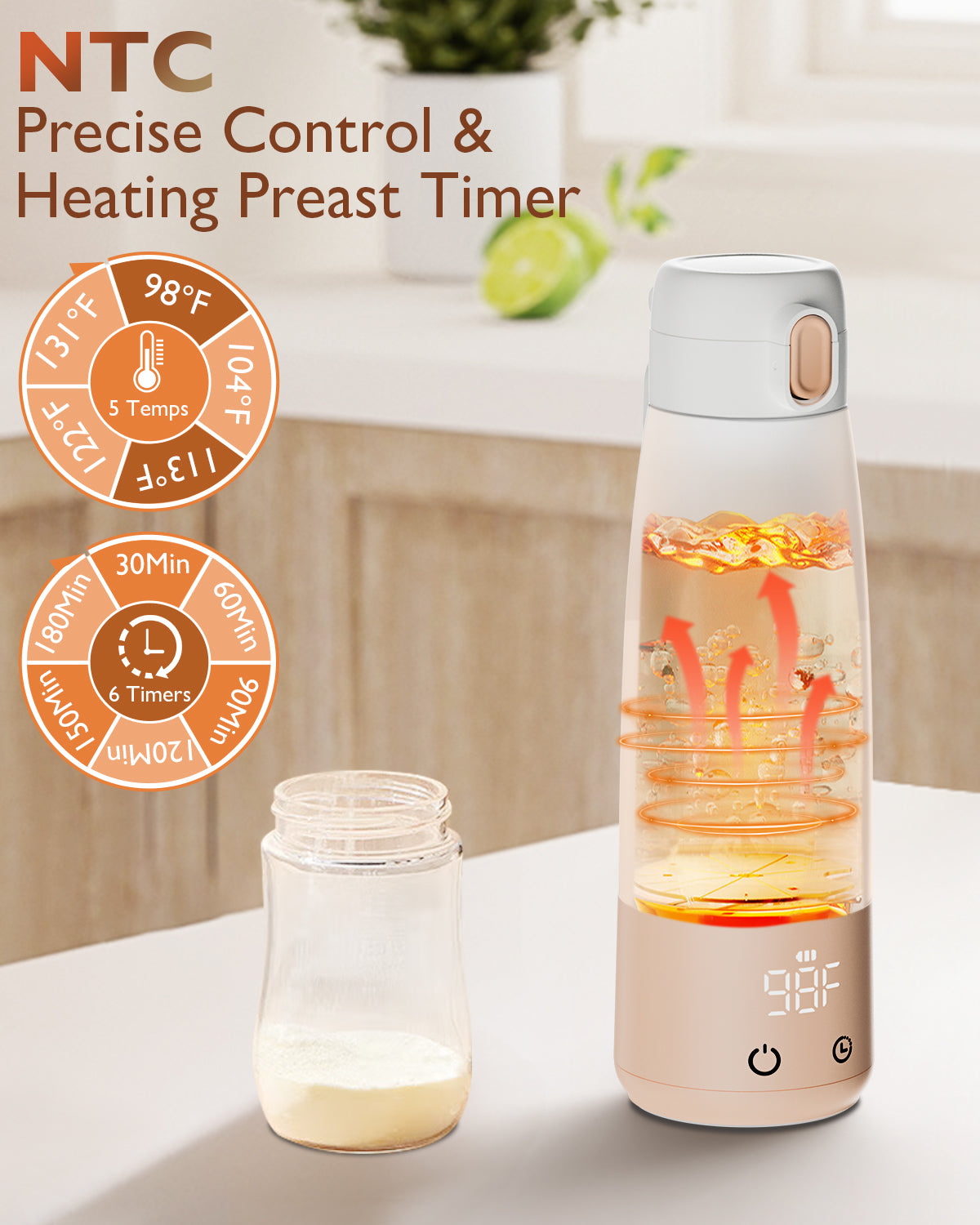 Momfree Portable Bottle Warmer for Baby, Milk Warmers for travel, Smart Touch LED Temperature Control , Food-Grade Cordless On The Go Heating Bottles - 5 Mins Quick Milk Heating & Water 12 Ounces