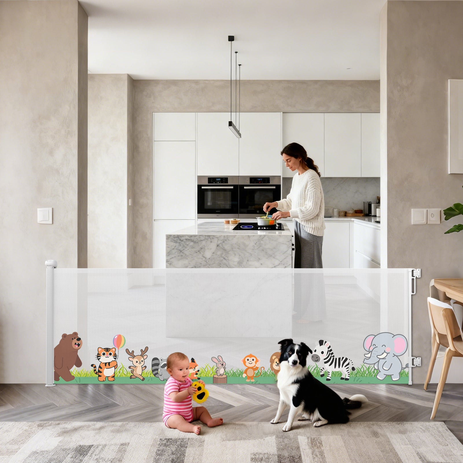 Retractable Baby Gate for Doorways & Stairs, 33" Tall 120" Extra Wide Mesh Safety Fence for Pet, One-Hand Operation Secure Closure Essential Fit for Deck Porch Hallways Patio, Indoor & Outdoor