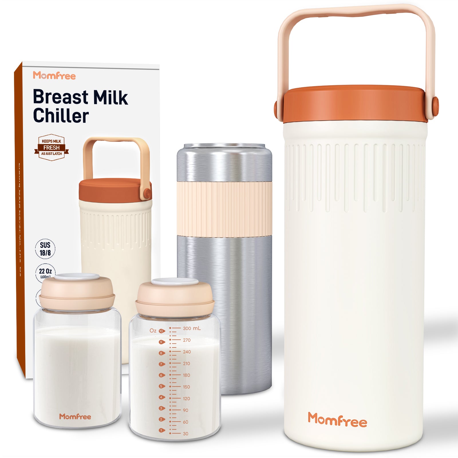 Momfree 22oz Portable Breast Milk Cooler for Breastmilk Storage, Liquid Gold Saver 360° Cooling Keeps Milk Fresh for 24 Hours, Larger Capacity Breastmilk Chiller with 2pcs Bottles for Outdoor