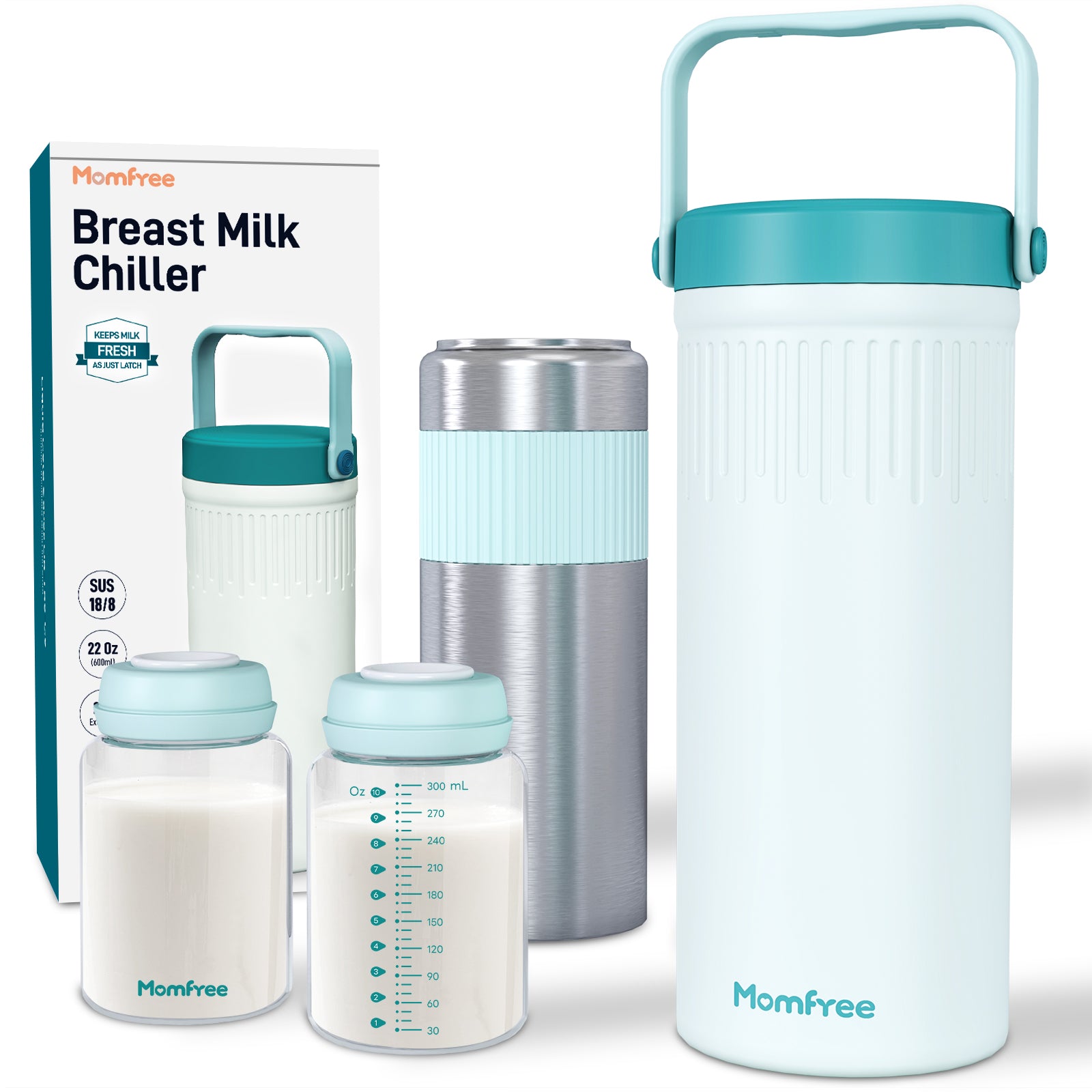 Momfree 22oz Portable Breast Milk Cooler for Breastmilk Storage, Liquid Gold Saver 360° Cooling Keeps Milk Fresh for 24 Hours, Larger Capacity Breastmilk Chiller with 2pcs Bottles for Outdoor