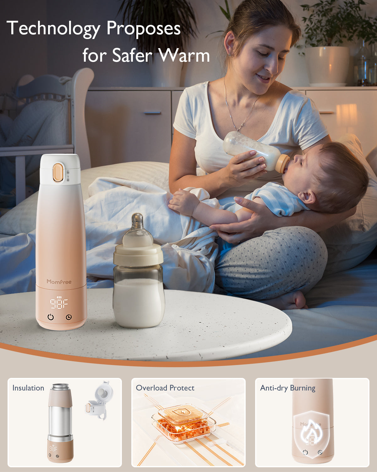 Momfree Portable Bottle Warmer for Baby, Milk Warmers for travel, Smart Touch LED Temperature Control , Food-Grade Cordless On The Go Heating Bottles - 5 Mins Quick Milk Heating & Water 12 Ounces