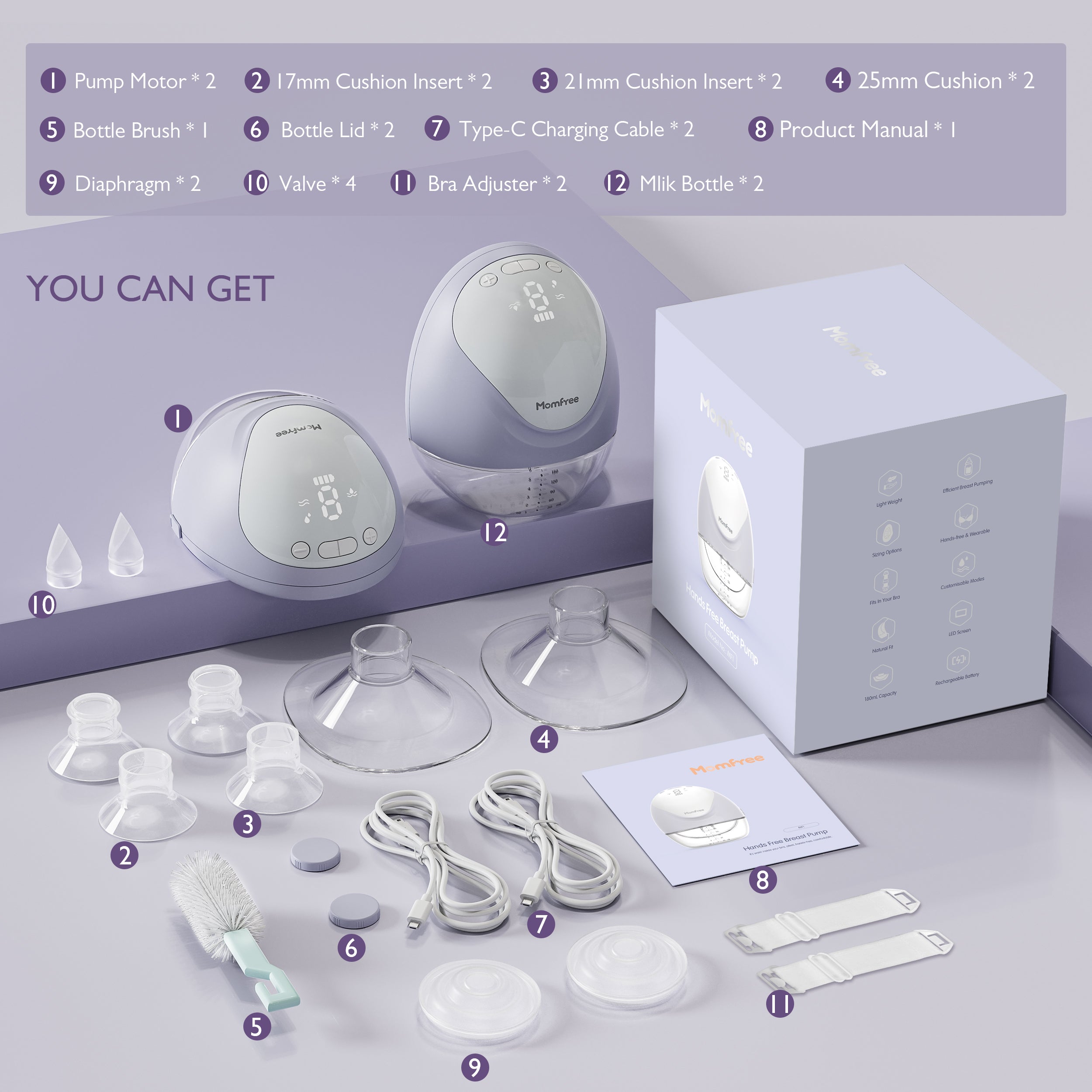 MF1 Breast Pump Hands Free Wearable Breast Pump Portable with 3 Modes/9 Levels/LED Display