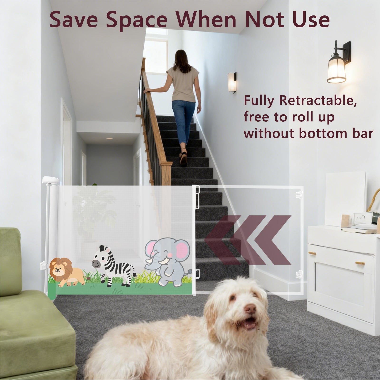 Retractable Baby Gate for Doorways & Stairs, 33" Tall 120" Extra Wide Mesh Safety Fence for Pet, One-Hand Operation Secure Closure Essential Fit for Deck Porch Hallways Patio, Indoor & Outdoor