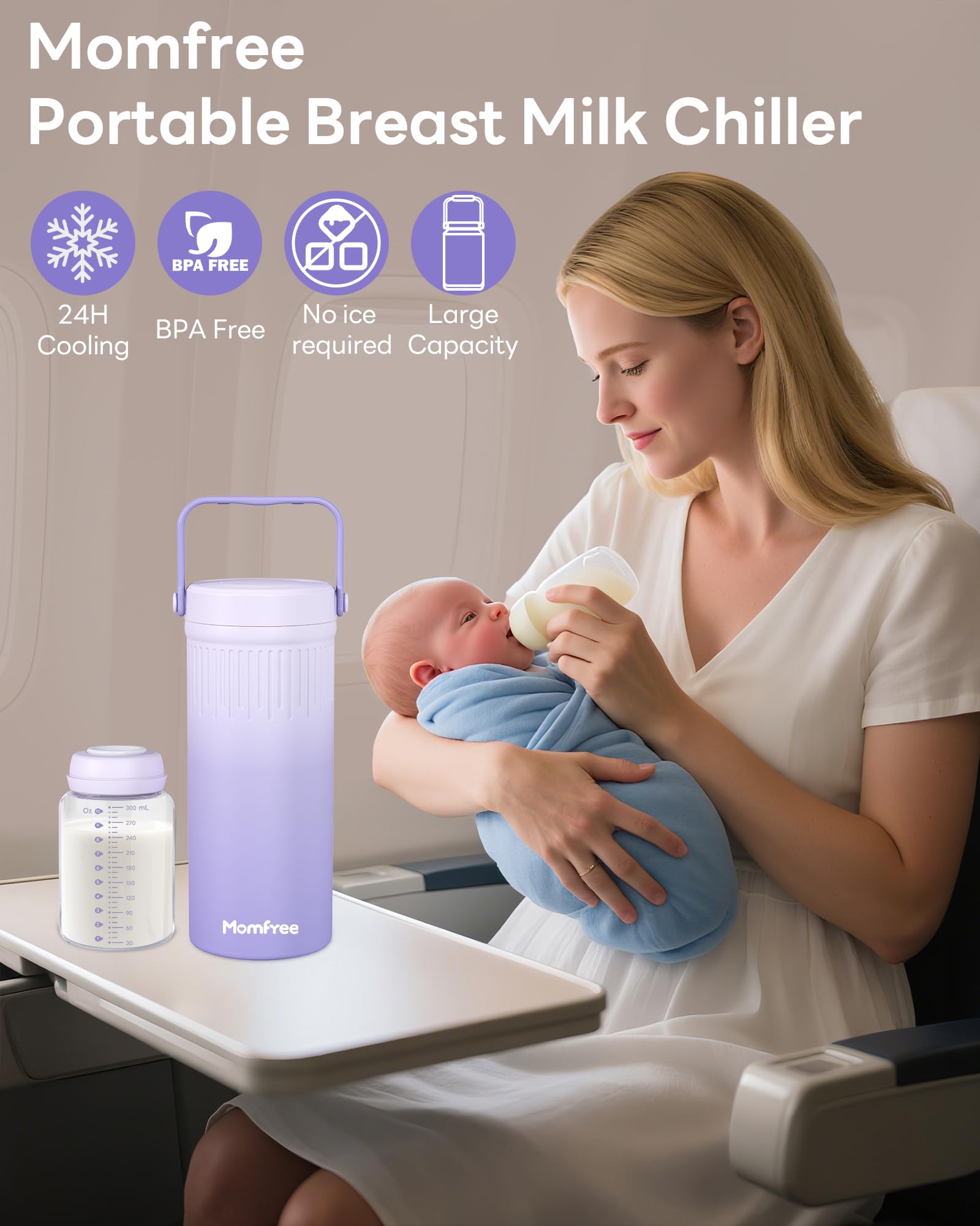 Momfree 22oz Portable Breast Milk Cooler for Breastmilk Storage, Liquid Gold Saver 360° Cooling Keeps Milk Fresh for 24 Hours, Larger Capacity Breastmilk Chiller with 2pcs Bottles for Outdoor