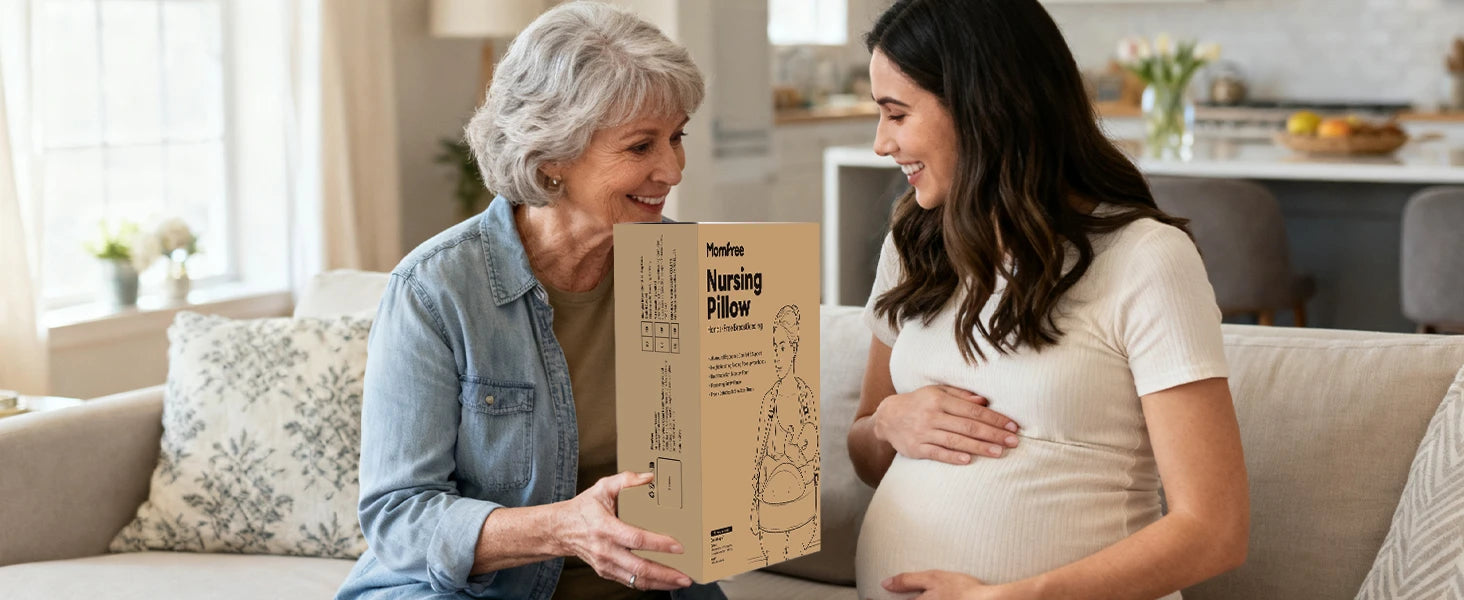 Pregnant mother receiving a boxed Momfree MF016 nursing pillow as a baby shower gift