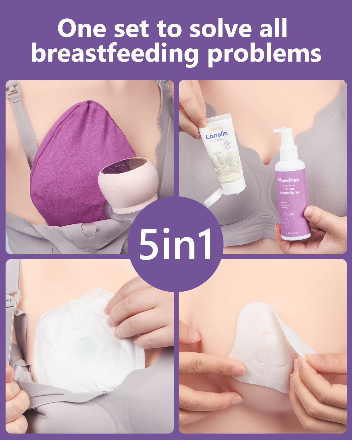 Momfree Breastfeeding Essentials Kit for Nursing Moms,60 Piece Gift Set with Reusable Hot and Cold Breast Therapy Packs,Hydrogel Nipple Pads,Nursing Pads