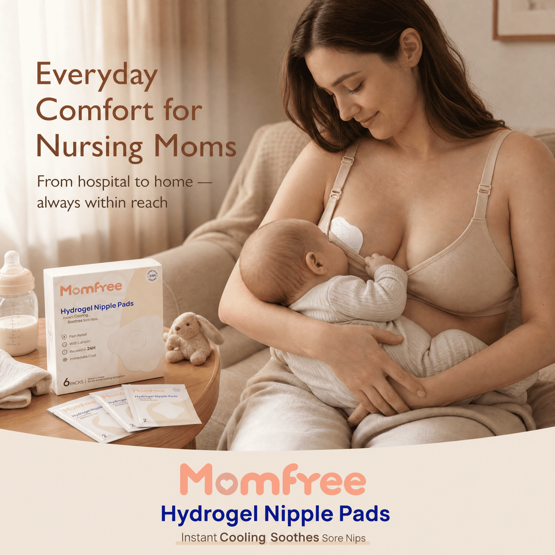 Momfree Hydrogel Nipple Pads, Reusable Cooling Gel Pads for Sore Nipples, 6 Pairs (12 Count)