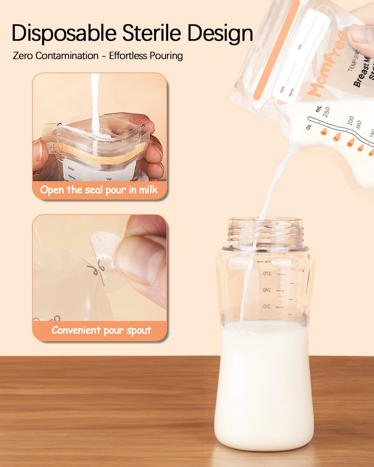 Momfree Sterile Breastmilk Storage Bags, 8 oz, Temp-Sensing, Fast Freeze & Thaw for Baby Bottle Feeding, 120 Count