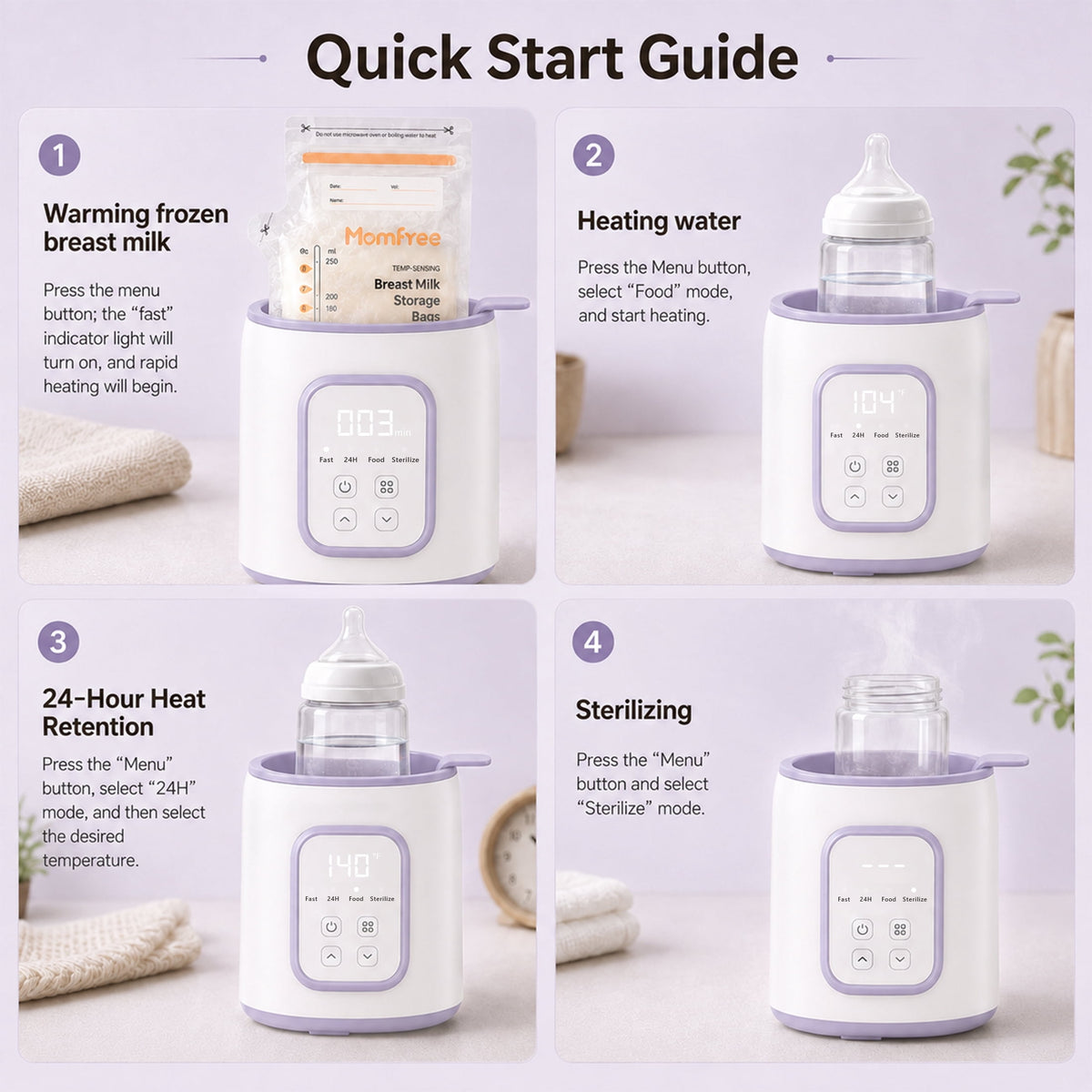 Momfree Baby Essentials Bottle Warmer,8-in-1 Baby Milk Warmer with Smart Temperature Control Fast Baby Food Heater,Automatic Shut-Off Breastmilk Warmer,with Defrost Keep for All Bottles