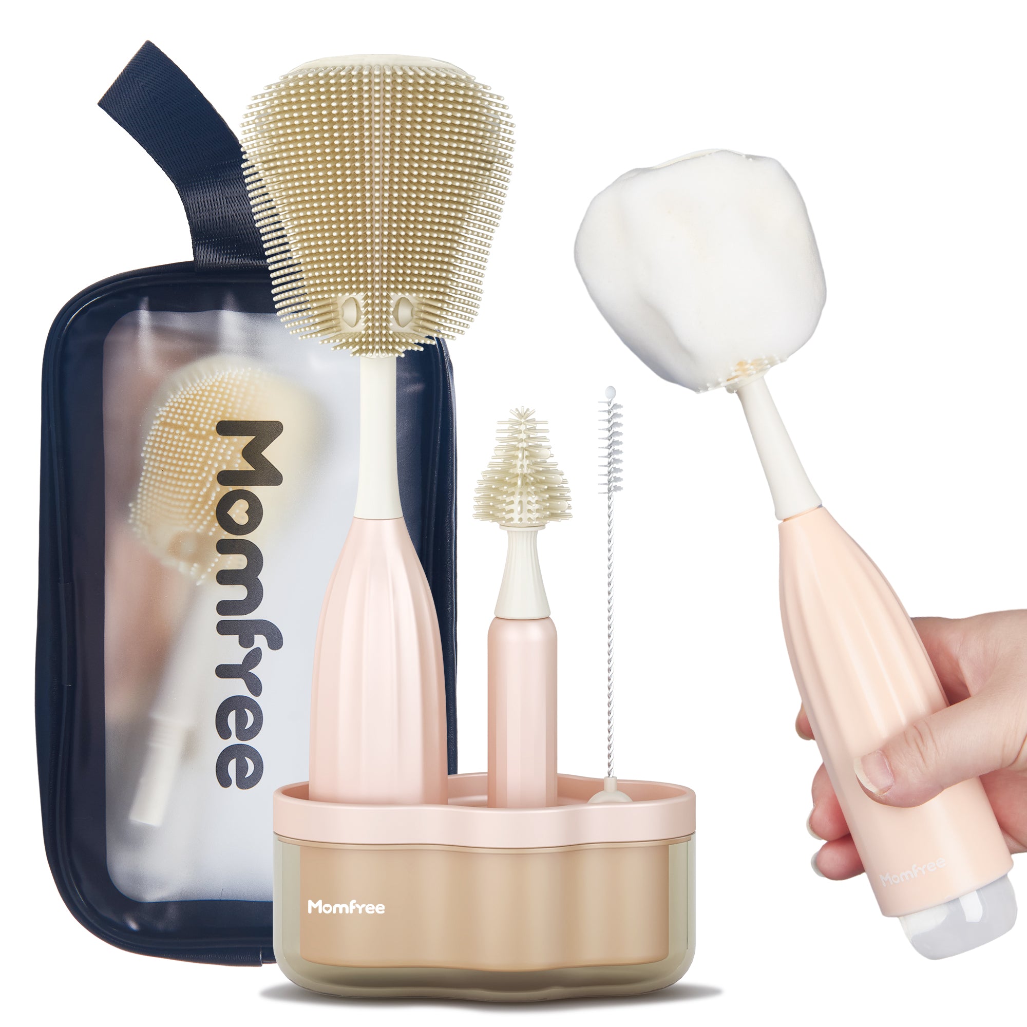 Baby Bottle Brush Set, Push-Press Design Silicone Bottle Brush Can Generate Foam - Travel Cleaner Brush for Baby Bottles, Breast Pumps, Nipples, and More(with Storage Bag)