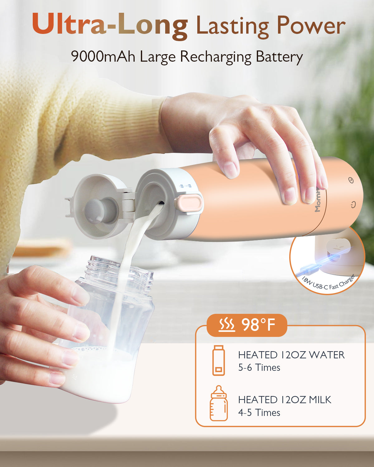 Momfree Portable Bottle Warmer for Baby, Milk Warmers for travel, Smart Touch LED Temperature Control , Food-Grade Cordless On The Go Heating Bottles - 5 Mins Quick Milk Heating & Water 12 Ounces