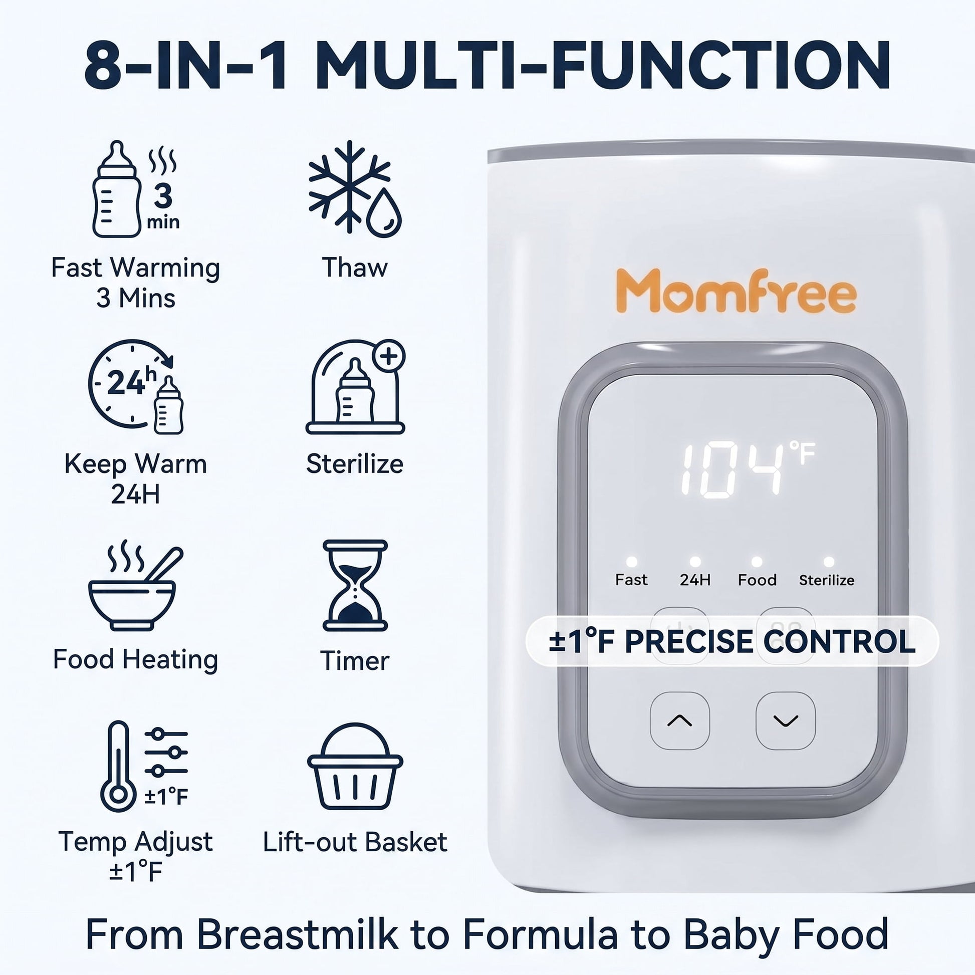 Momfree Baby Bottle Warmer,8-in-1 Baby Milk Warmer with Smart Temperature Control Fast Baby Food Heater,Automatic Shut-Off Breastmilk Warmer,Steam Sterilizer,with Defrost Keep for All Bottles