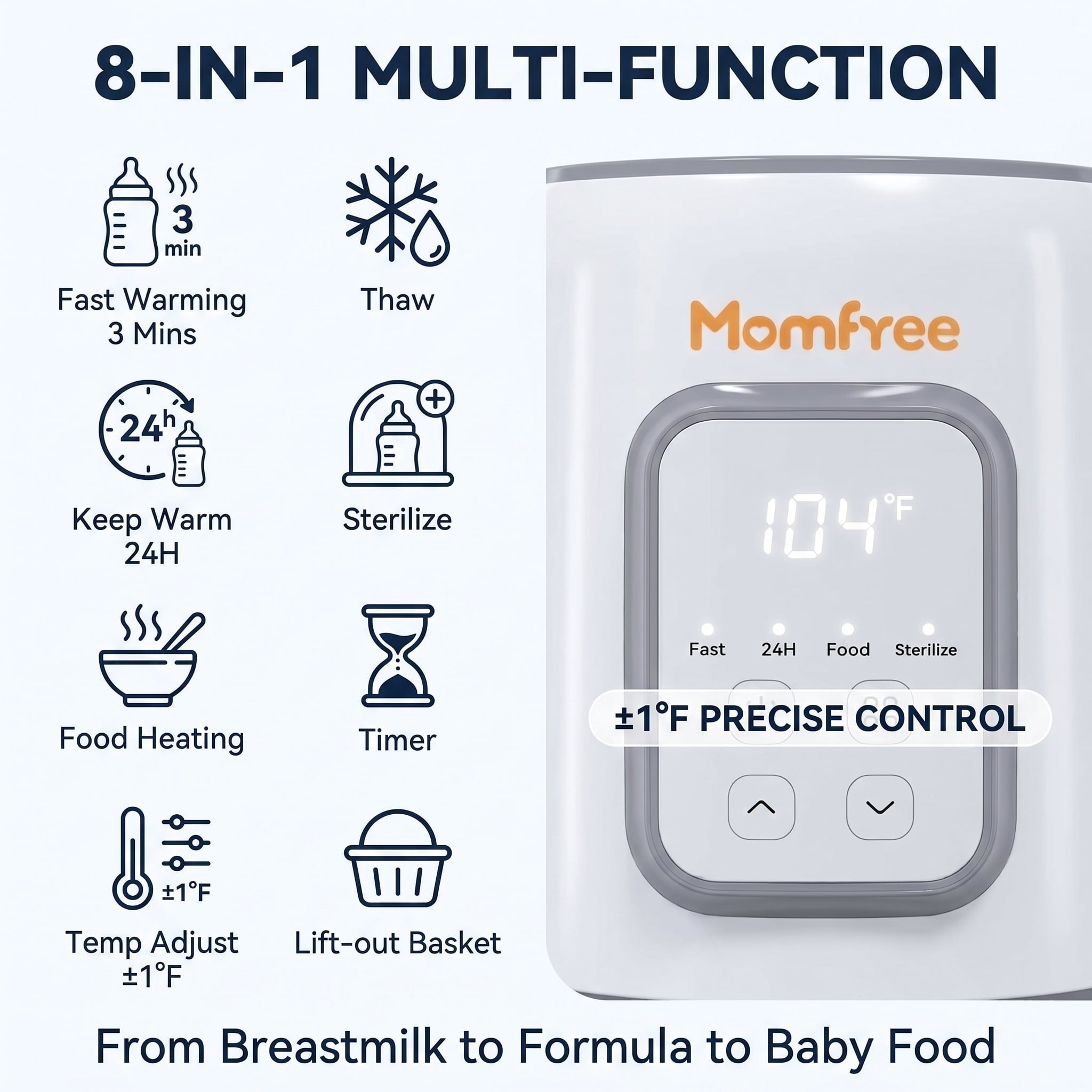 Momfree Baby Bottle Warmer,8-in-1 Baby Milk Warmer with Smart Temperature Control Fast Baby Food Heater,Automatic Shut-Off Breastmilk Warmer,Steam Sterilizer,with Defrost Keep for All Bottles