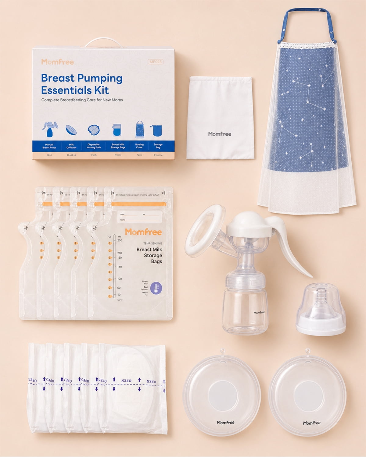 Momfree Manual Breast Pump, Breast Pumping Essentials Kit with Breastmilk Storage Bags, Nursing Pads, Breast Milk Collector, Nursing Cover & Storage Bag for At Home & On-the-Go Breastfeeding Moms
