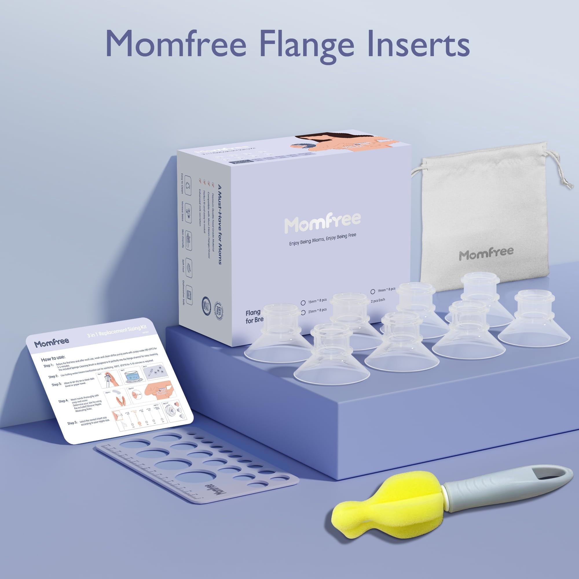 Momfree 8PCS Flange Sizing Kit 15/17/19/21 for 24mm Flanges,Soft Silicone Insert Compatible Momcozy/Spectra/Medela Breast Pump,Breast Pump Essential