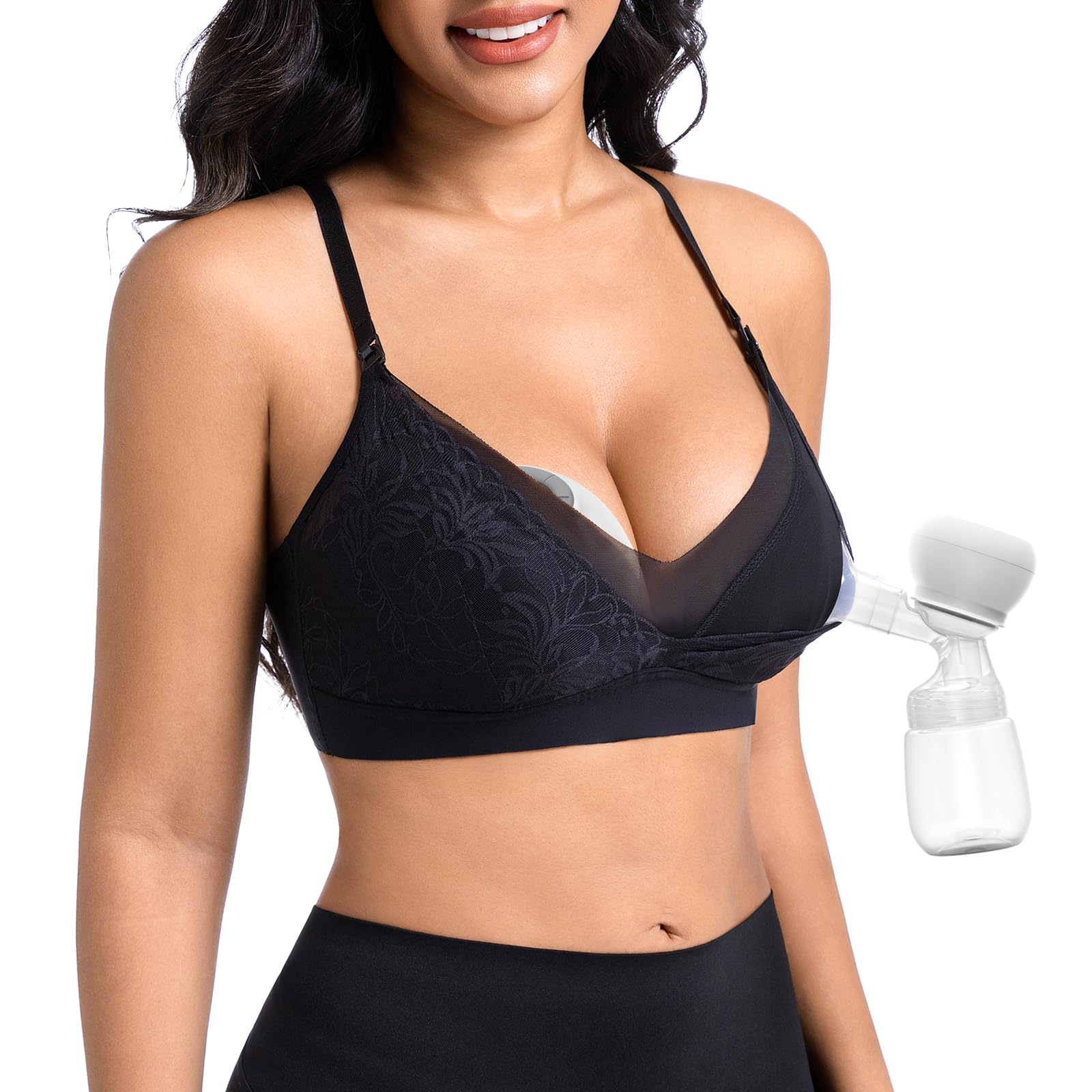 Hands Free Pumping Bra for Breastfeeding, Comfortable Lace Pumping Bra, Wireless Breast Pump Bra for Everyday Wear
