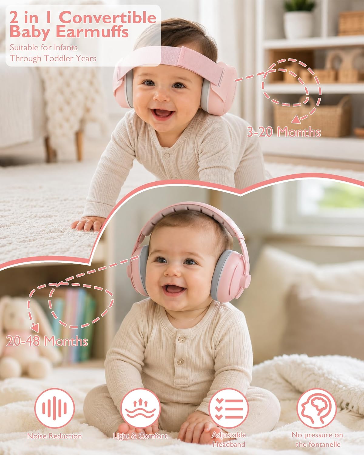 2-in-1 Baby Ear Muffs for Sound Reduction, Hearing Protection for Airplane, Fireworks, Soft & Comfort Noise Cancelling Headphones with Adjustable Headband for Babies and Toddlers(3-48 Months)