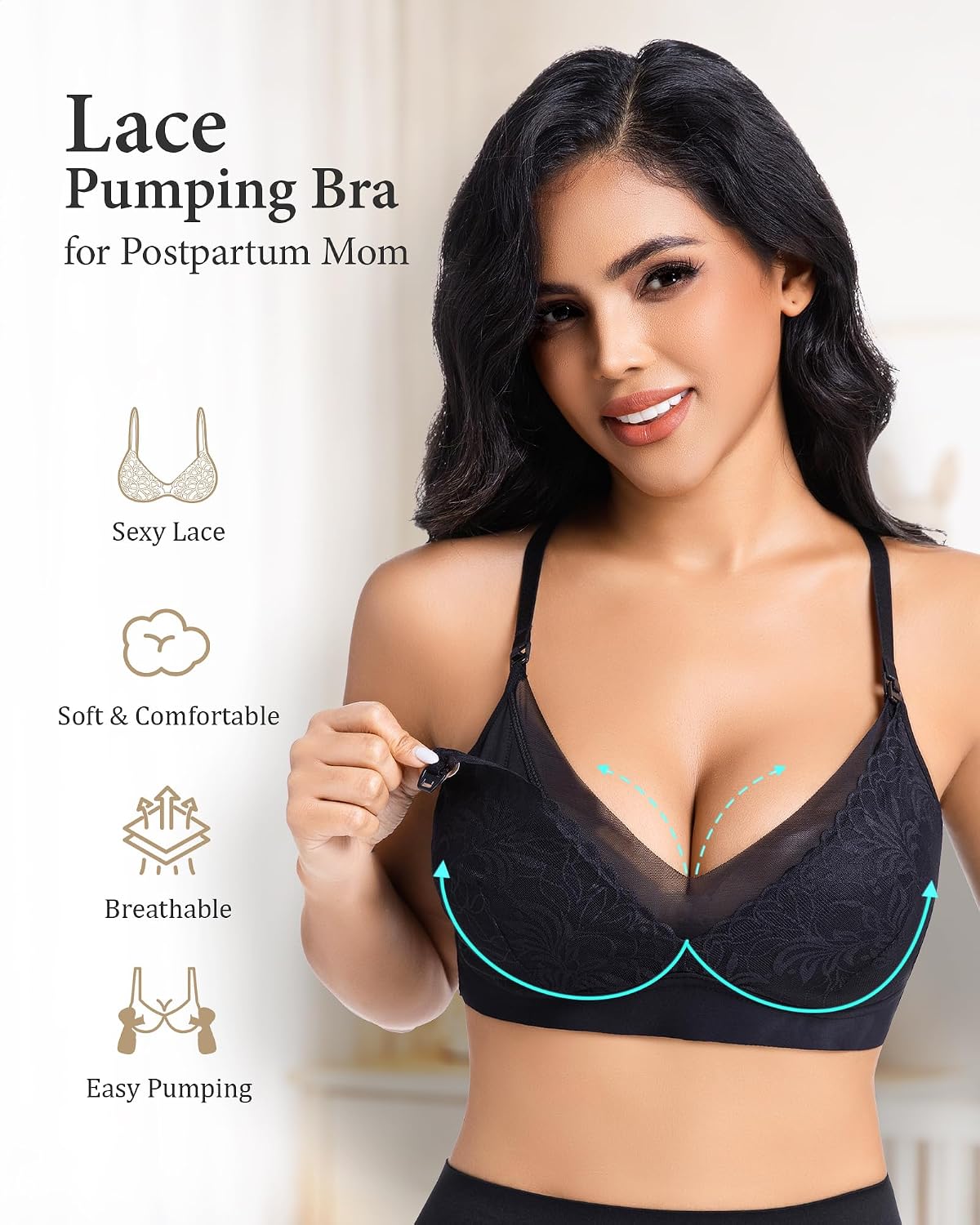 Hands Free Pumping Bra for Breastfeeding, Comfortable Lace Pumping Bra, Wireless Breast Pump Bra for Everyday Wear
