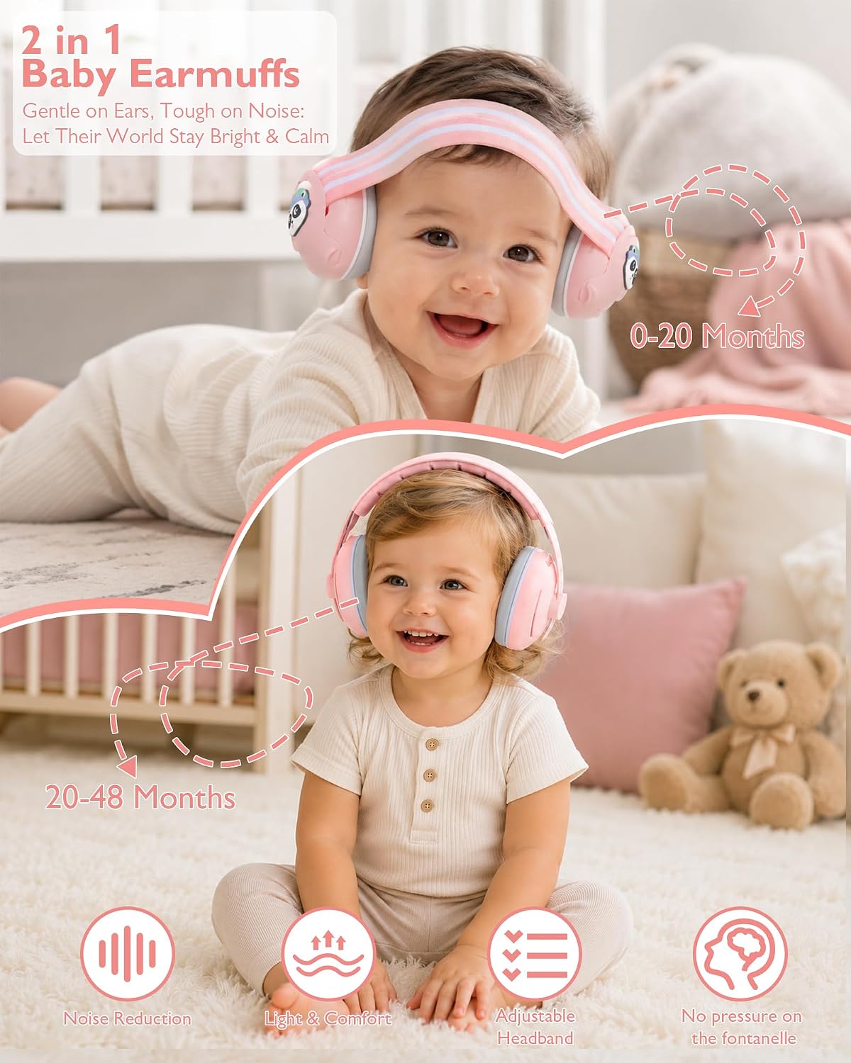 2-in-1 Baby Ear Muffs for Noise Reduction, Ear Protection Earmuffs with Adjustable Headband for Babies and Toddlers 0 to 48 Months, Noise Cancelling Headphones Ideal Infant Airplane, Travel