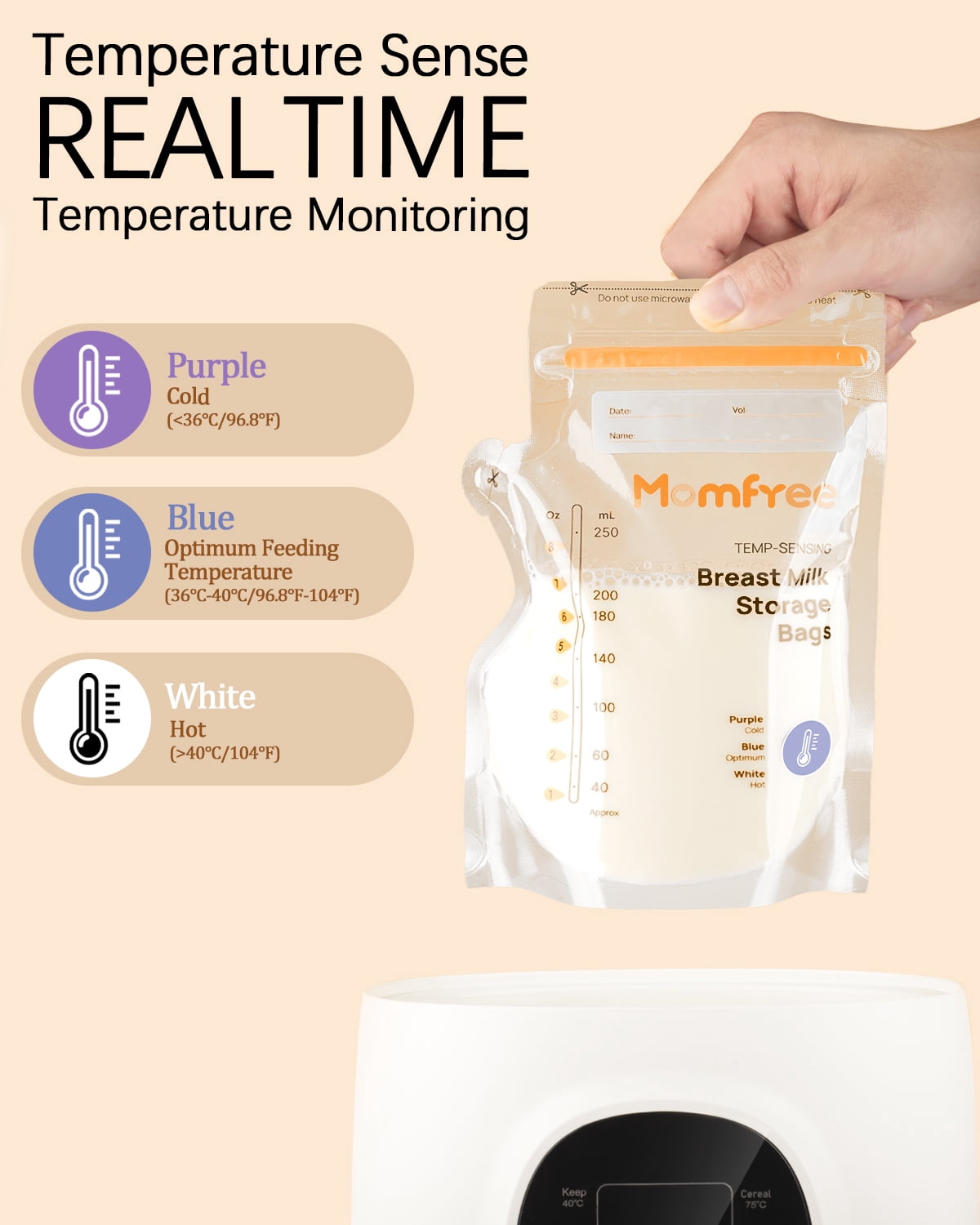 Momfree Sterile Breastmilk Storage Bags, 8 oz, Temp-Sensing, Fast Freeze & Thaw for Baby Bottle Feeding, 120 Count