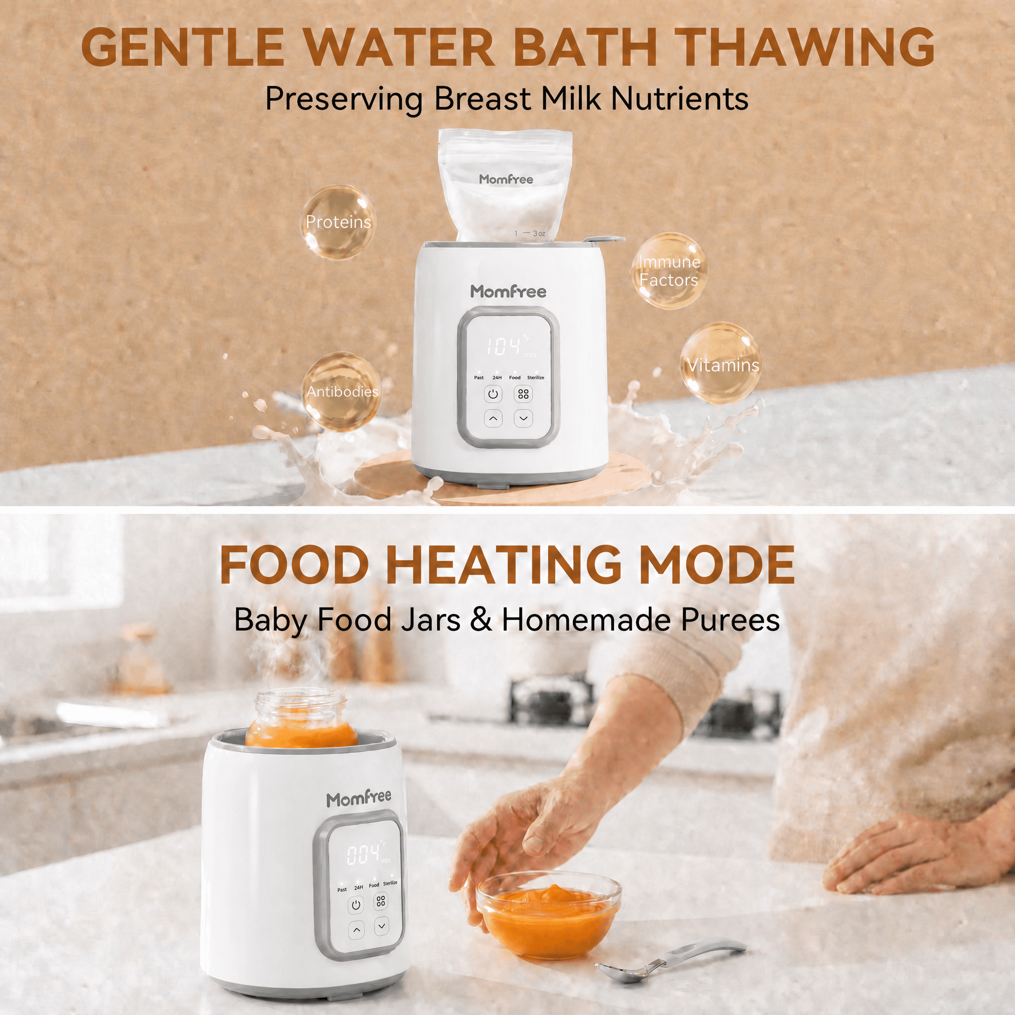Momfree Baby Bottle Warmer,8-in-1 Baby Milk Warmer with Smart Temperature Control Fast Baby Food Heater,Automatic Shut-Off Breastmilk Warmer,Steam Sterilizer,with Defrost Keep for All Bottles