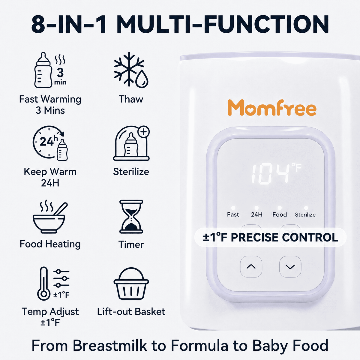 Momfree Baby Essentials Bottle Warmer,8-in-1 Baby Milk Warmer with Smart Temperature Control Fast Baby Food Heater,Automatic Shut-Off Breastmilk Warmer,with Defrost Keep for All Bottles