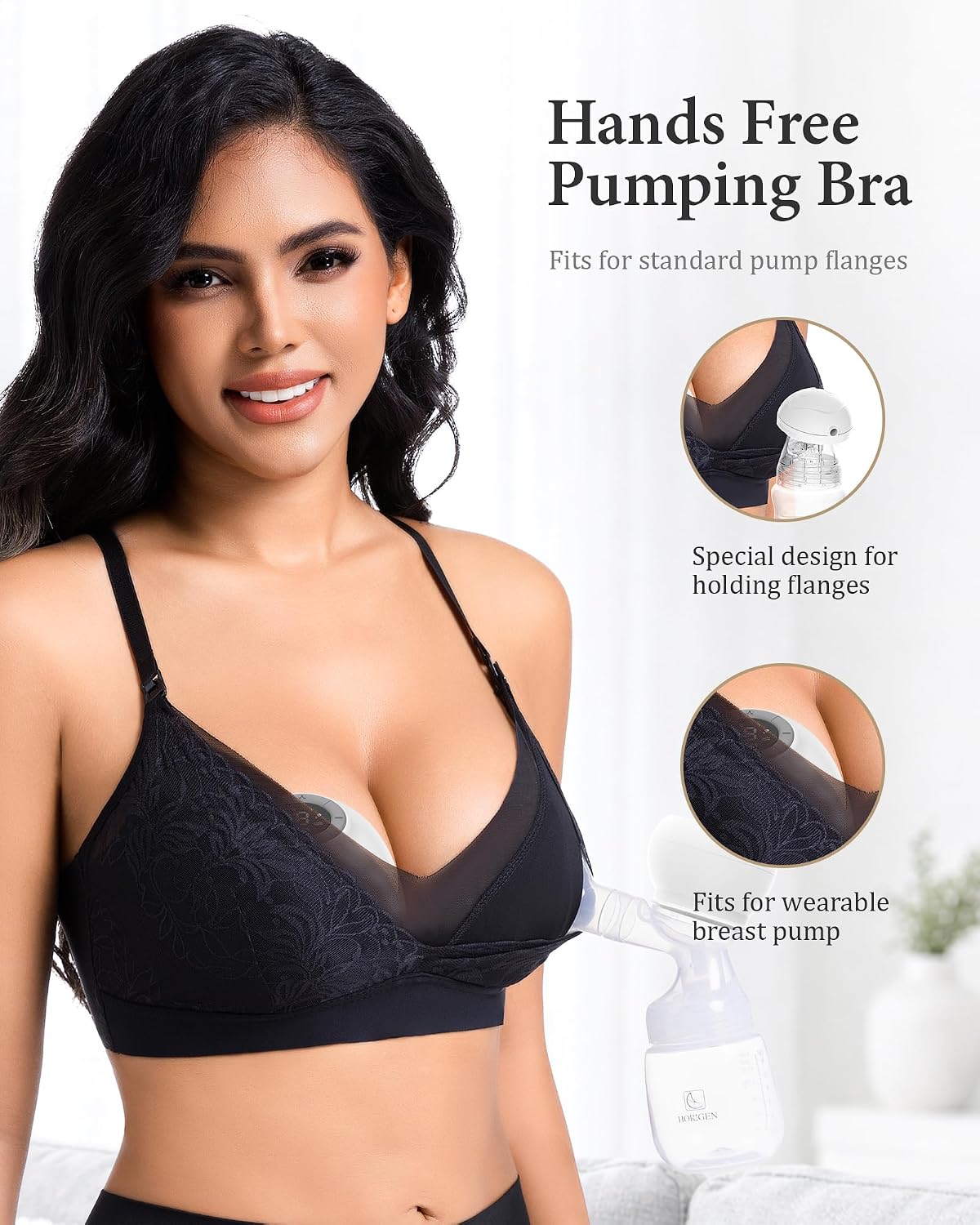 Hands Free Pumping Bra for Breastfeeding, Comfortable Lace Pumping Bra, Wireless Breast Pump Bra for Everyday Wear