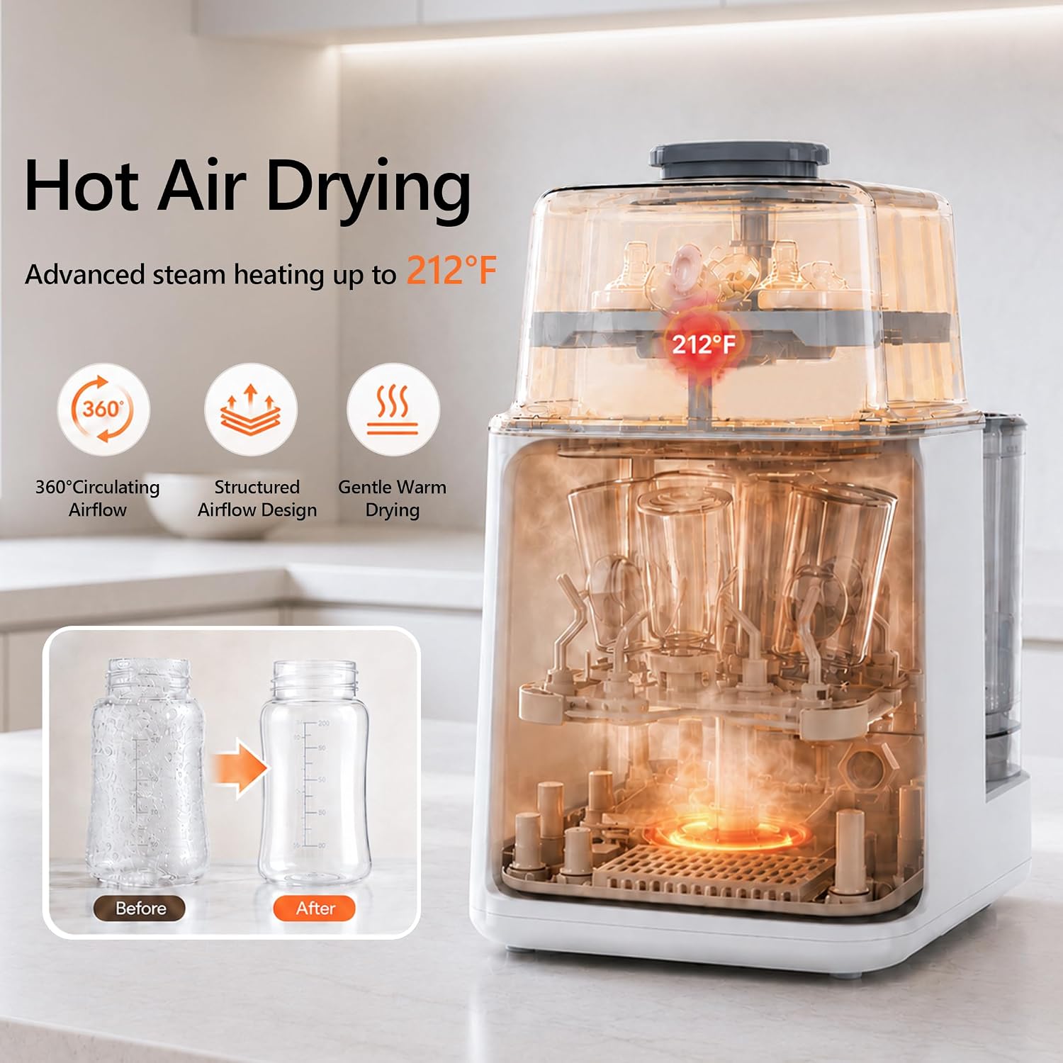 Bottle Washer and Sterilizer and Dryer, All-in-One Bottle Cleaner Machine with Steam Cleaning & Hot Air Drying, Large Capacity Automatic Baby Bottle Washing Machine for Bottles and Pump Parts | Up to 168 Hours of Clean, Quiet Storage