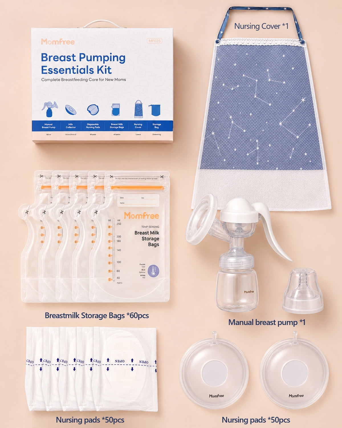 Momfree Manual Breast Pump, Breast Pumping Essentials Kit with Breastmilk Storage Bags, Nursing Pads, Breast Milk Collector, Nursing Cover & Storage Bag for At Home & On-the-Go Breastfeeding Moms