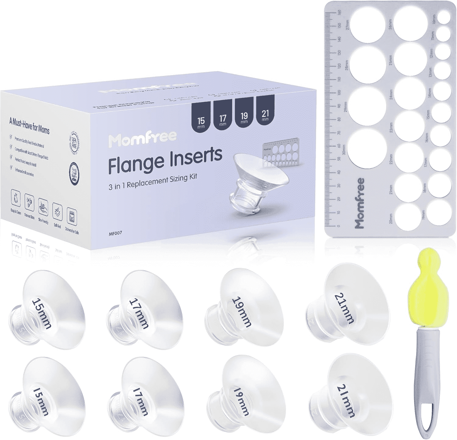 Momfree 8PCS Flange Sizing Kit 15/17/19/21 for 24mm Flanges,Soft Silicone Insert Compatible Momcozy/Spectra/Medela Breast Pump,Breast Pump Essential