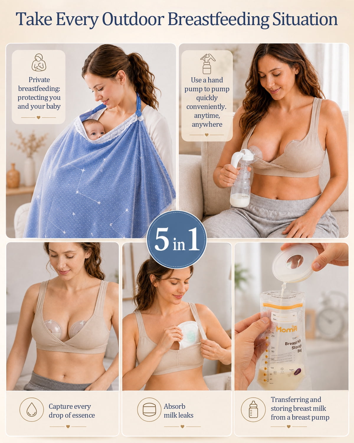 Momfree Manual Breast Pump, Breast Pumping Essentials Kit with Breastmilk Storage Bags, Nursing Pads, Breast Milk Collector, Nursing Cover & Storage Bag for At Home & On-the-Go Breastfeeding Moms