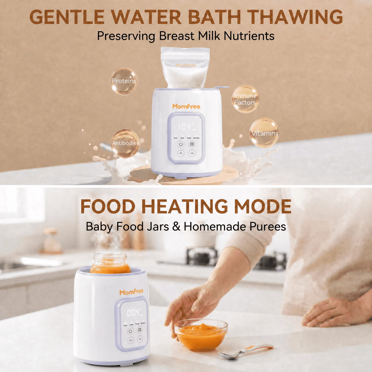 Momfree Baby Essentials Bottle Warmer,8-in-1 Baby Milk Warmer with Smart Temperature Control Fast Baby Food Heater,Automatic Shut-Off Breastmilk Warmer,with Defrost Keep for All Bottles
