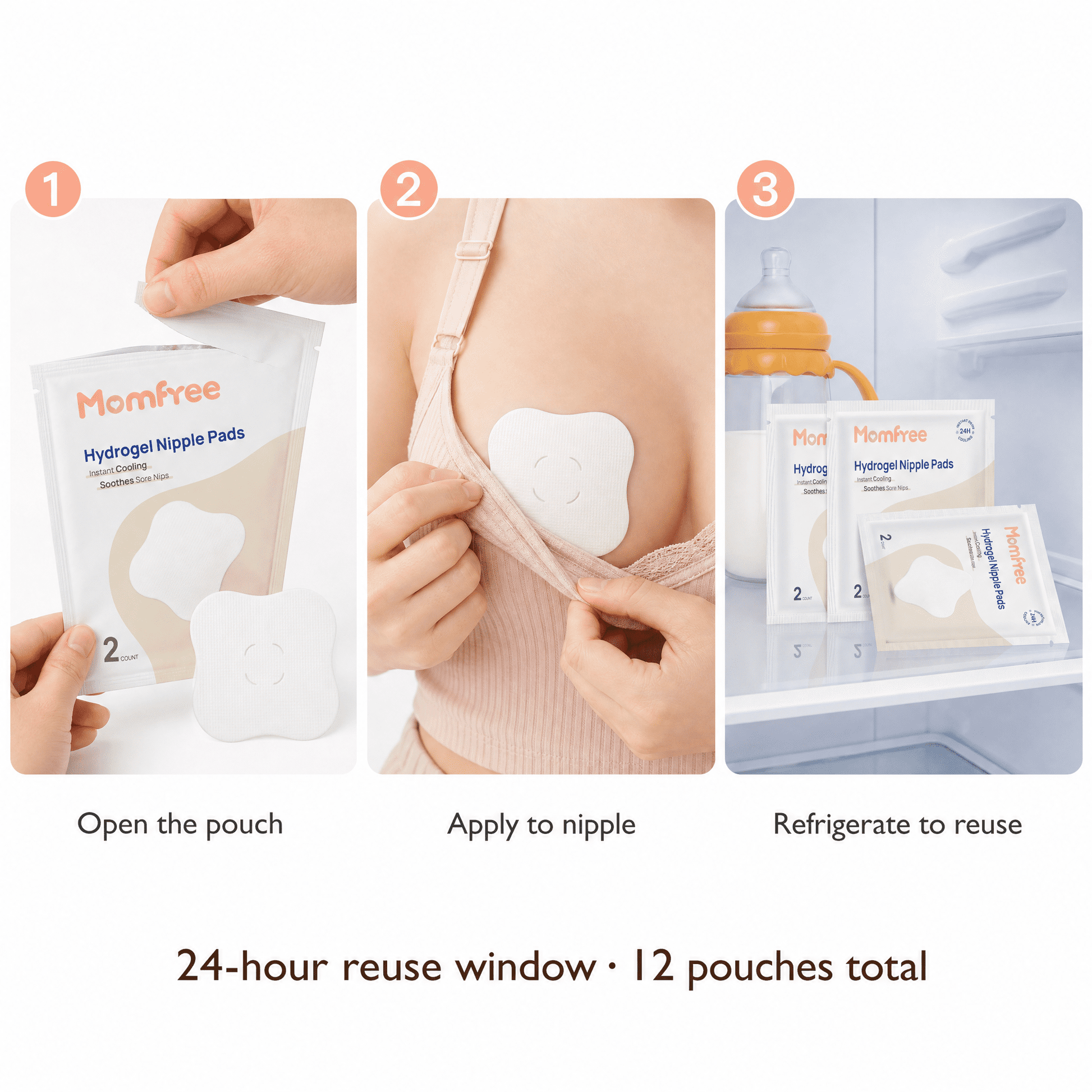 Momfree Hydrogel Nipple Pads, Reusable Cooling Gel Pads for Sore Nipples, 6 Pairs (12 Count)
