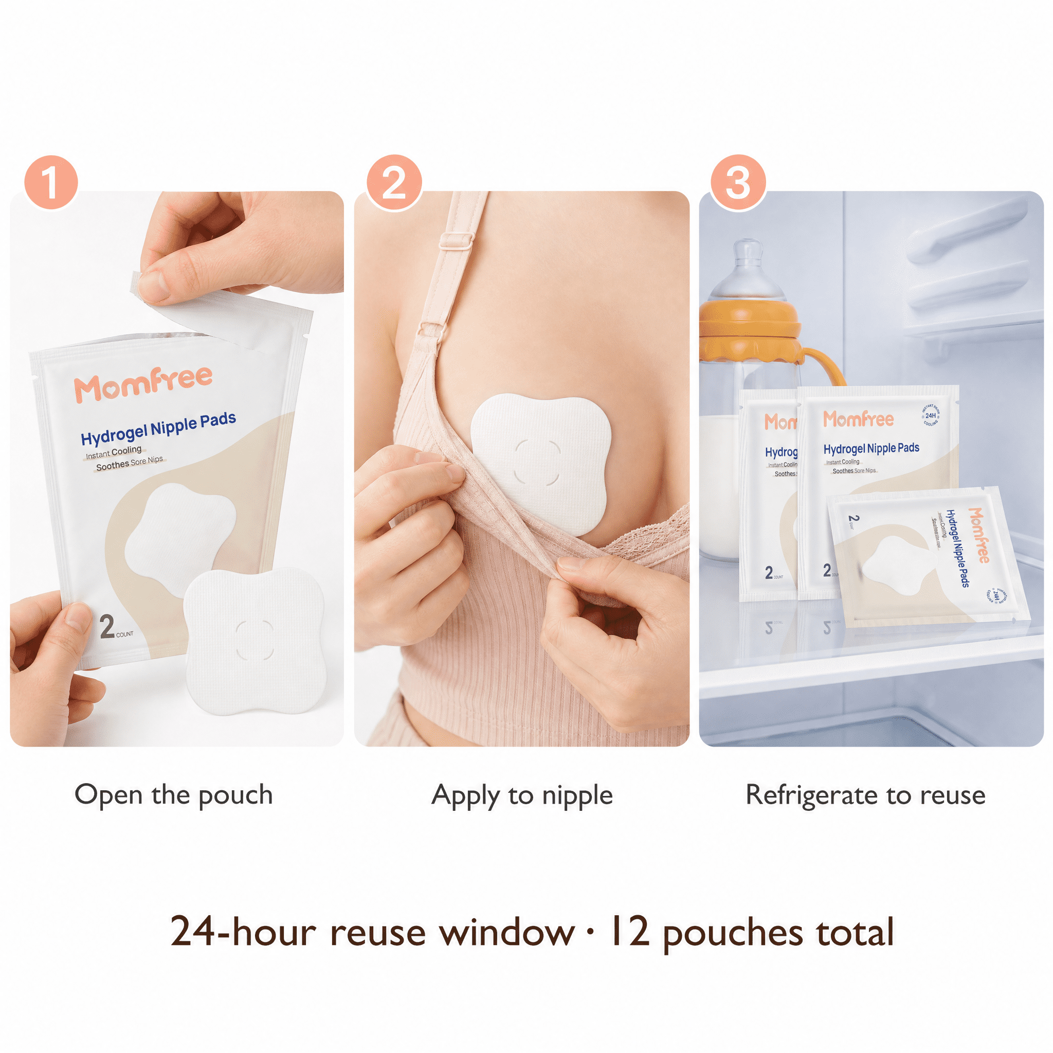 Momfree Hydrogel Nipple Pads, Reusable Cooling Gel Pads for Sore Nipples, 6 Pairs (12 Count)