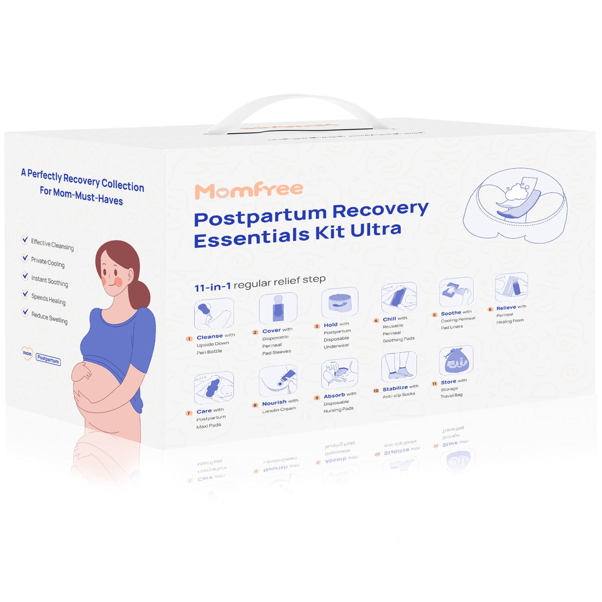 Momfree Postpartum Recovery Kit, 11 Piece, Peri Bottle, Maxi Pads, Nursing Pads, Disposable Underwear, Witch Hazel Liners, Lanolin Cream, Hospital Bag