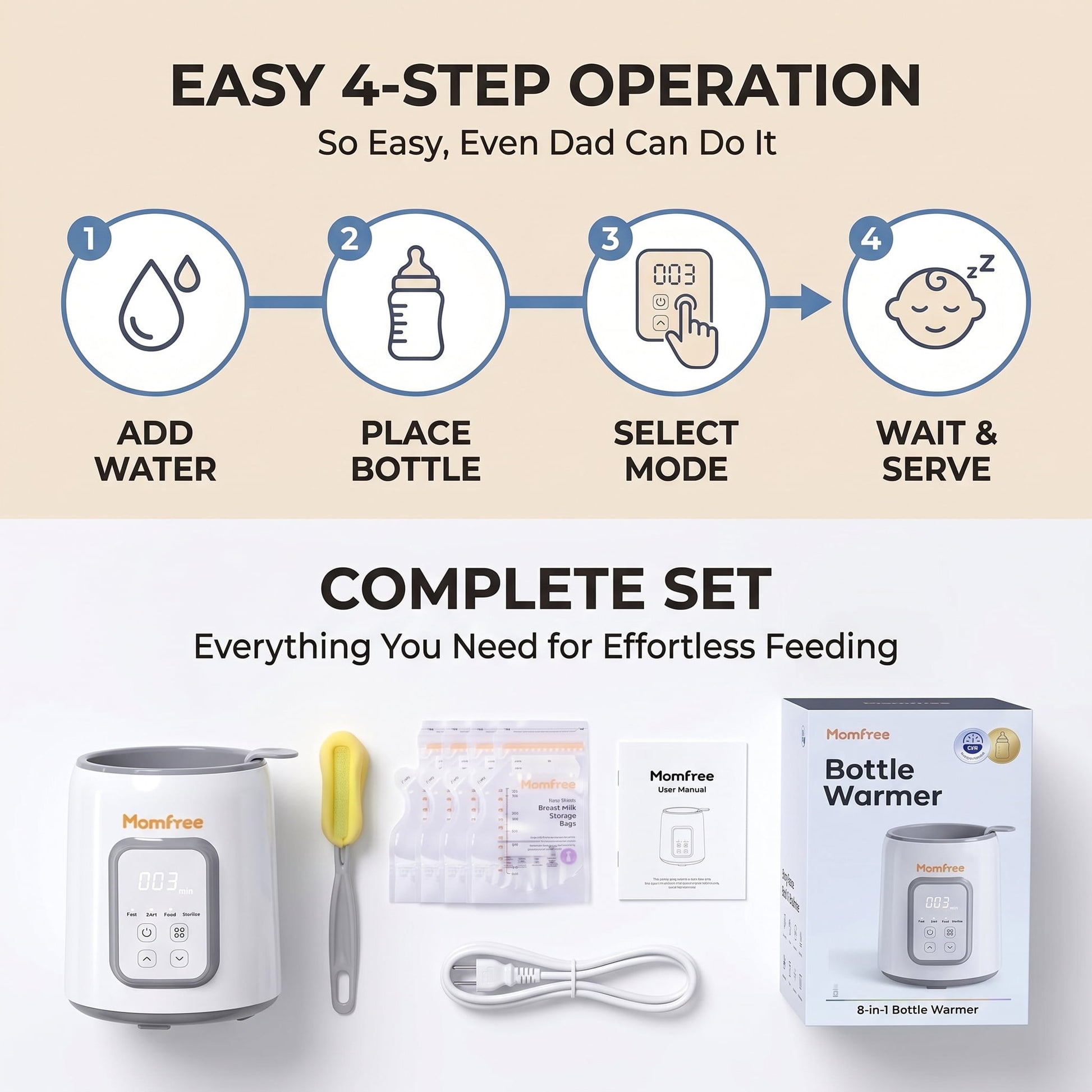 Momfree Baby Bottle Warmer,8-in-1 Baby Milk Warmer with Smart Temperature Control Fast Baby Food Heater,Automatic Shut-Off Breastmilk Warmer,Steam Sterilizer,with Defrost Keep for All Bottles