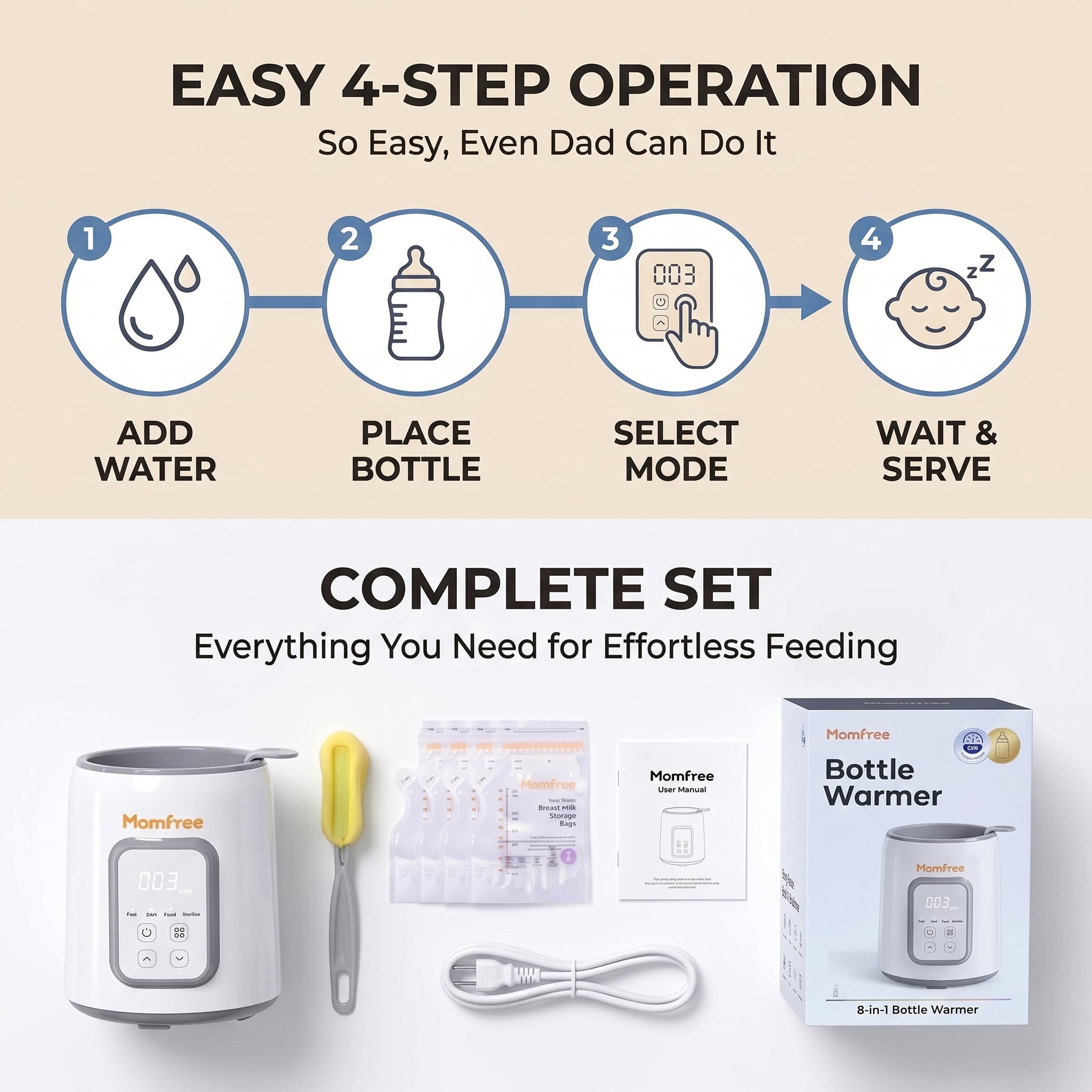 Momfree Baby Bottle Warmer,8-in-1 Baby Milk Warmer with Smart Temperature Control Fast Baby Food Heater,Automatic Shut-Off Breastmilk Warmer,Steam Sterilizer,with Defrost Keep for All Bottles