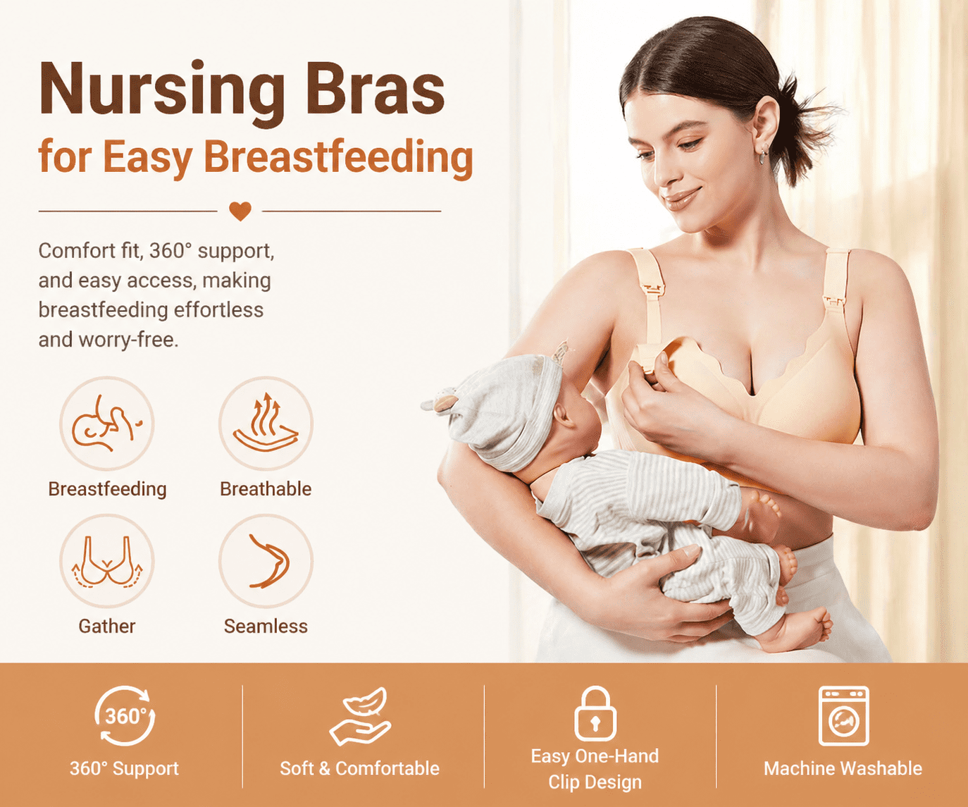 Momfree Nursing Bra, Seamless Maternity Bra with Jelly Strip Support, Buttery Soft Fabric for Breastfeeding