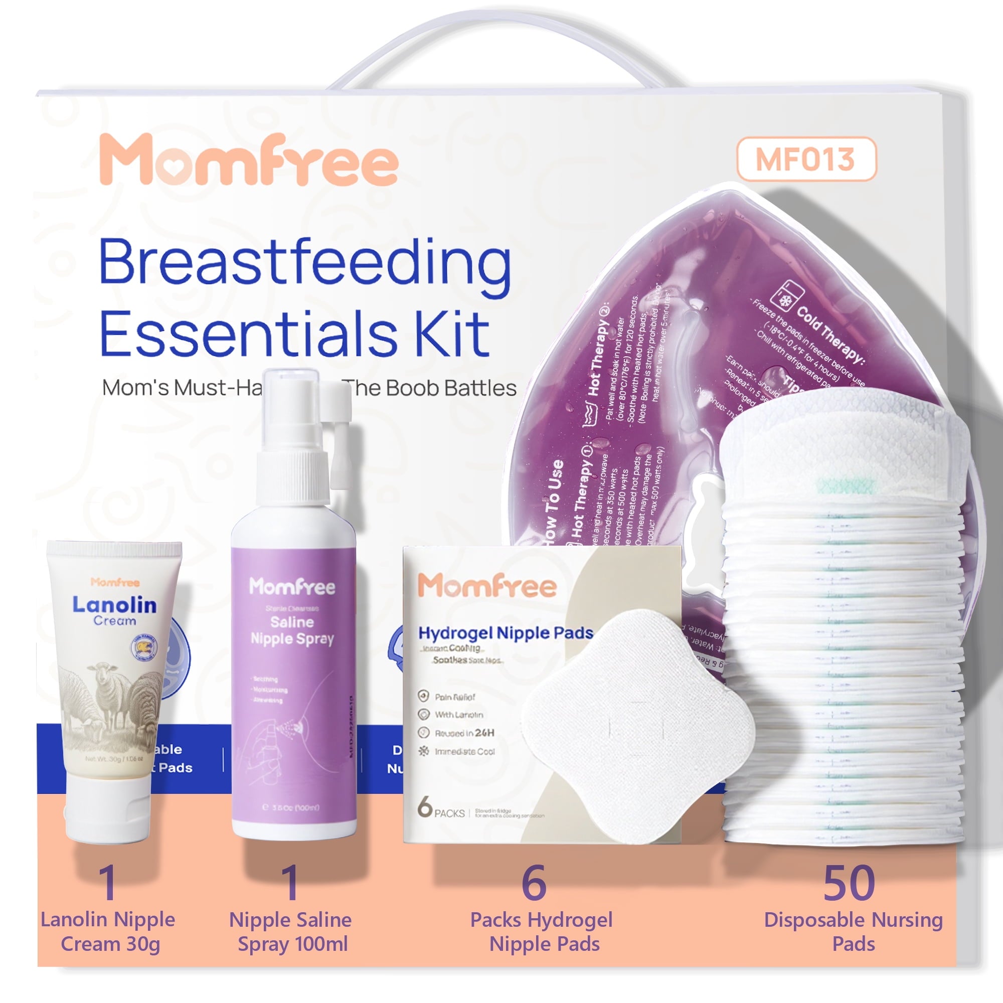 Momfree Breastfeeding Essentials Kit for Nursing Moms,60 Piece Gift Set with Reusable Hot and Cold Breast Therapy Packs,Hydrogel Nipple Pads,Nursing Pads