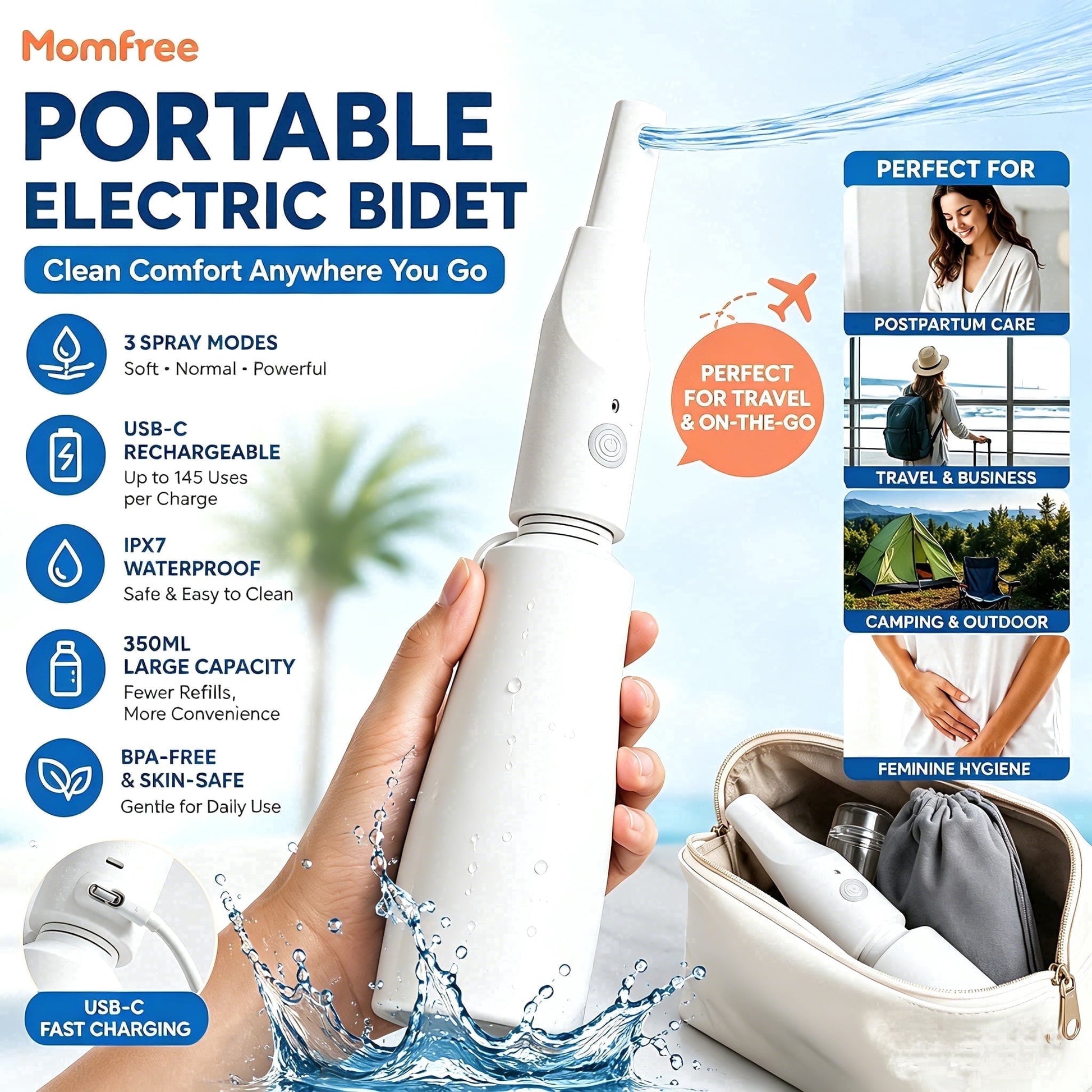 Momfree Electric Portable Bide-Rechargeable Travel Bidet for Hygiene Cleaning