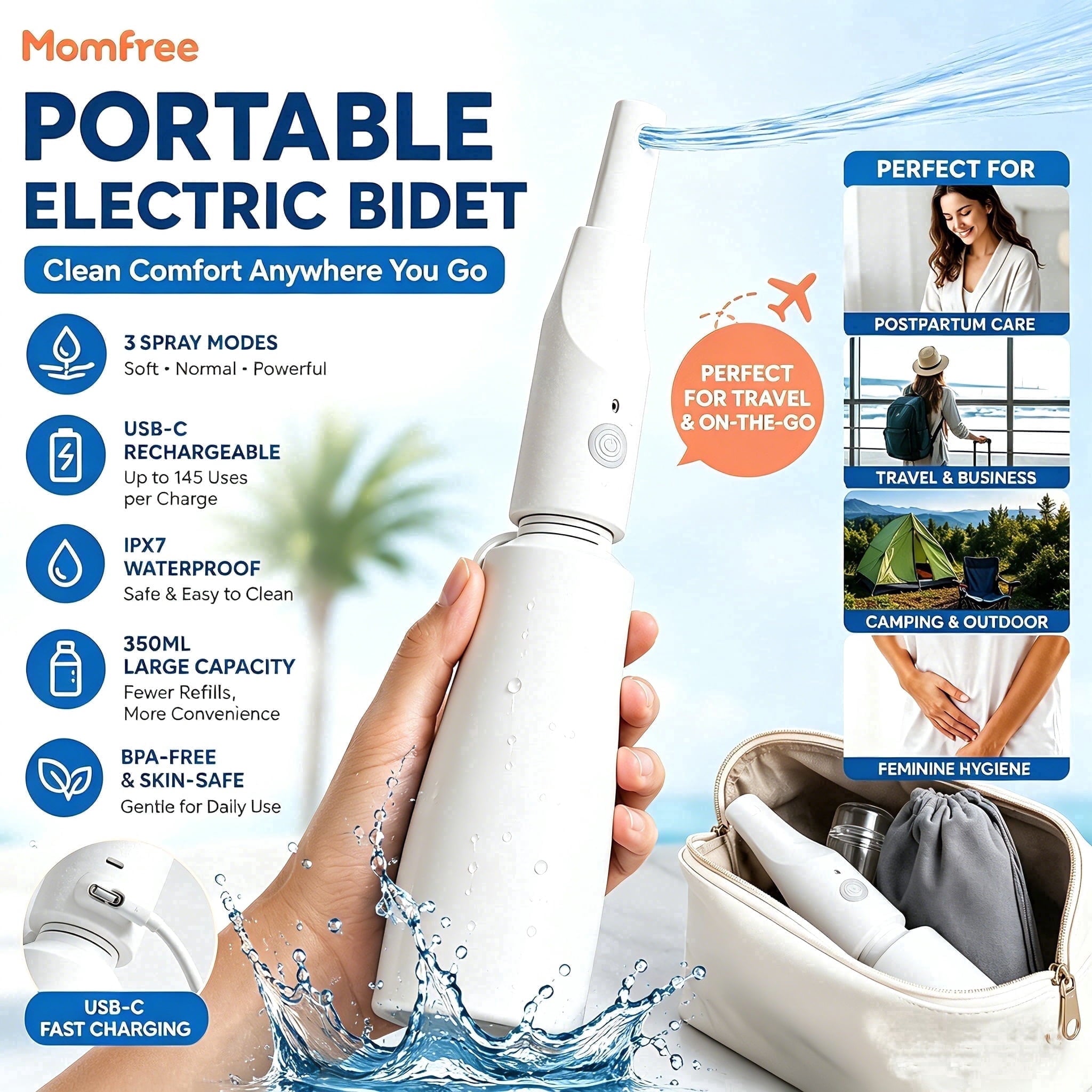 Momfree Electric Portable Bide-Rechargeable Travel Bidet for Hygiene Cleaning
